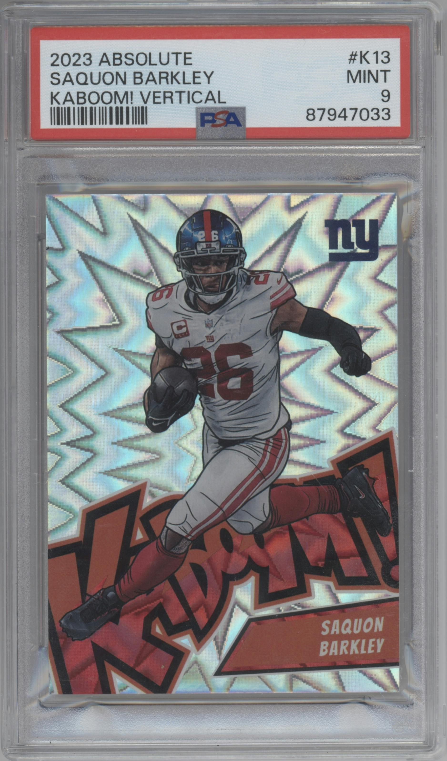 Saquon Barkley from the 2023 Panini Absolute set graded by PSA and given an overall grade of 9.