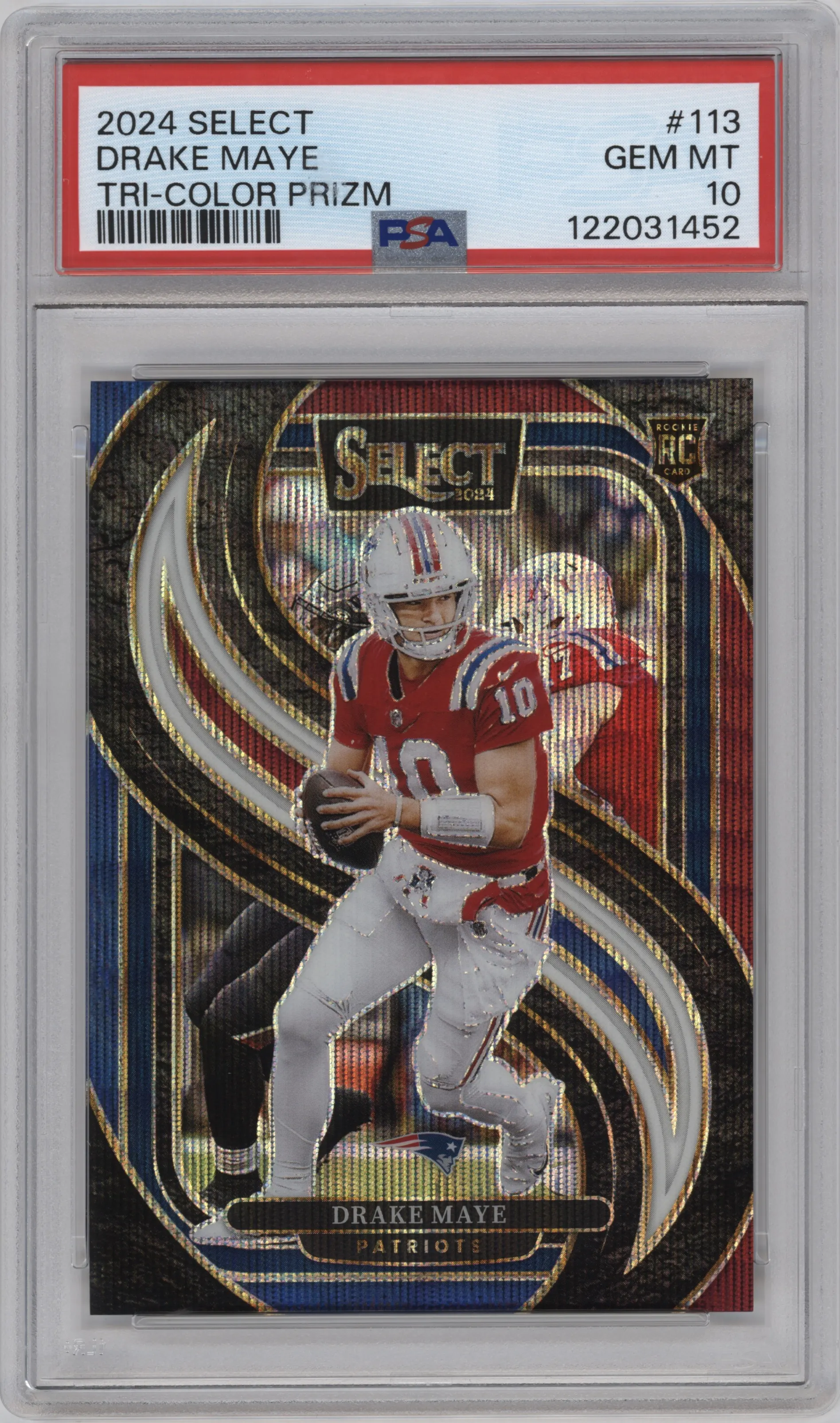 Drake Maye from the 2024 Panini Select set featuring a Tri-Color parallel graded by PSA and given an overall grade of 10.