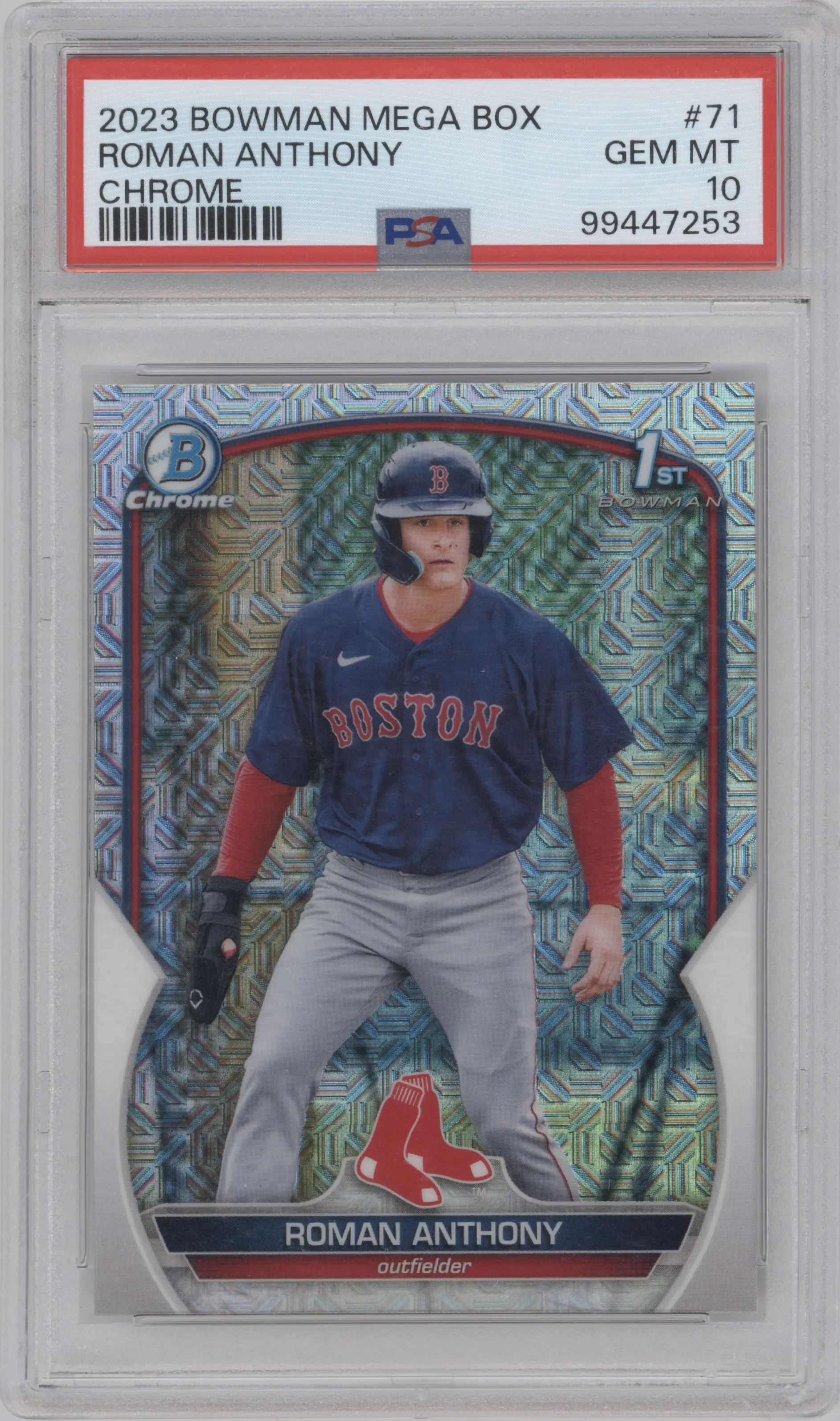 Roman Anthony from the 2023 Bowman Mega Box set graded by PSA and given an overall grade of 10.