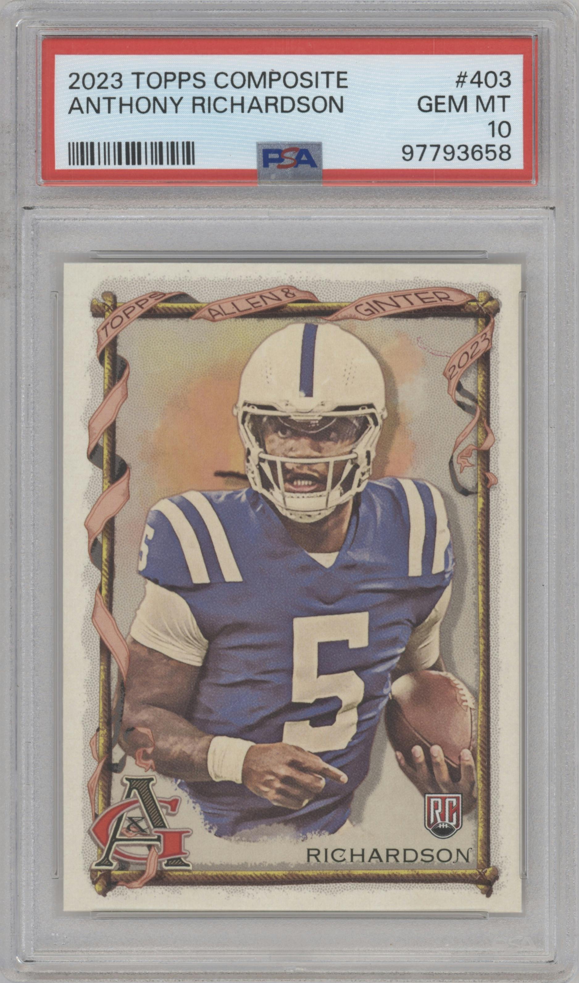 Anthony Richardson from the 2023 Topps Composite set graded by PSA and given an overall grade of 10.