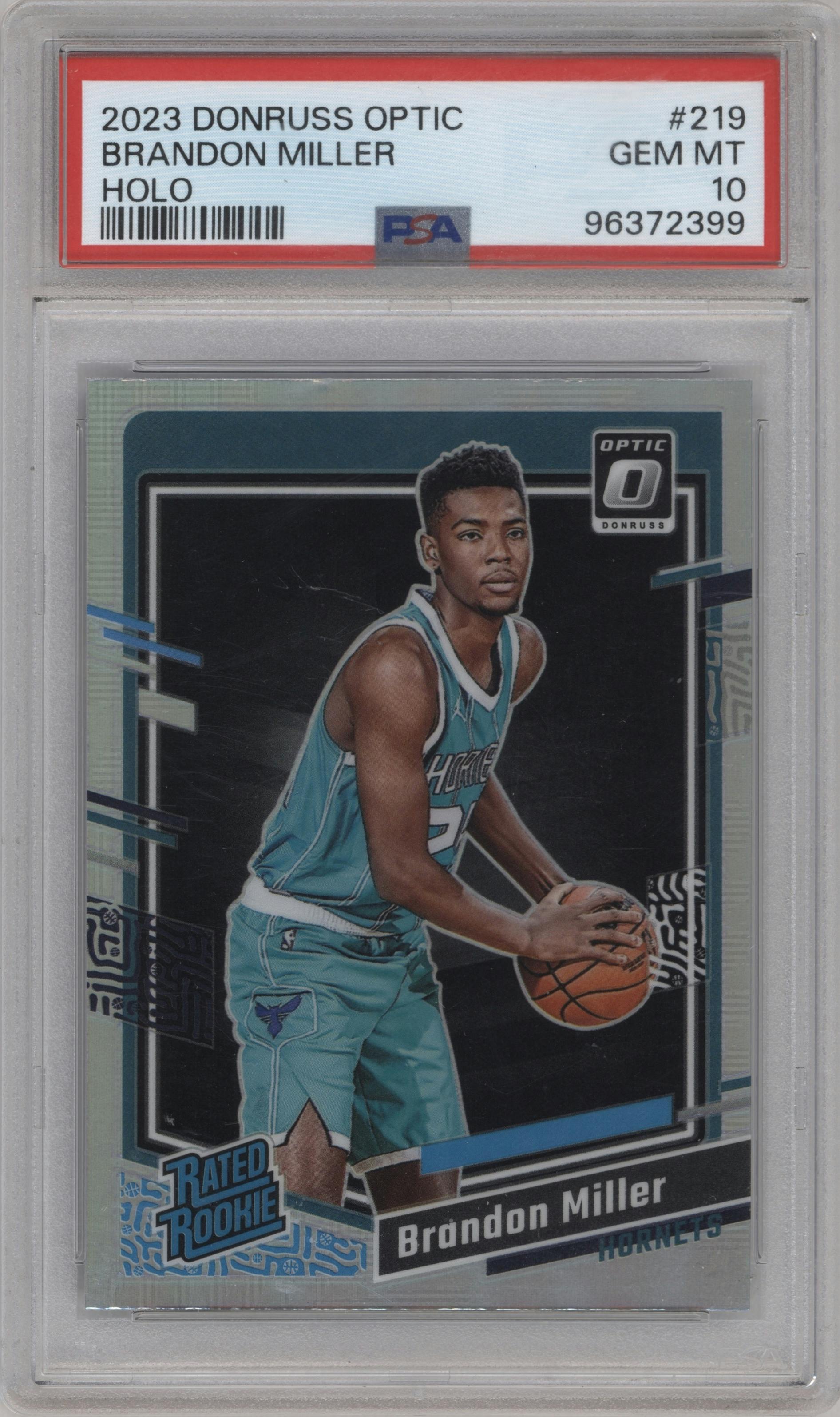 Brandon Miller from the 2023-24 Donruss Optic set featuring a Holo parallel graded by PSA and given an overall grade of 10.