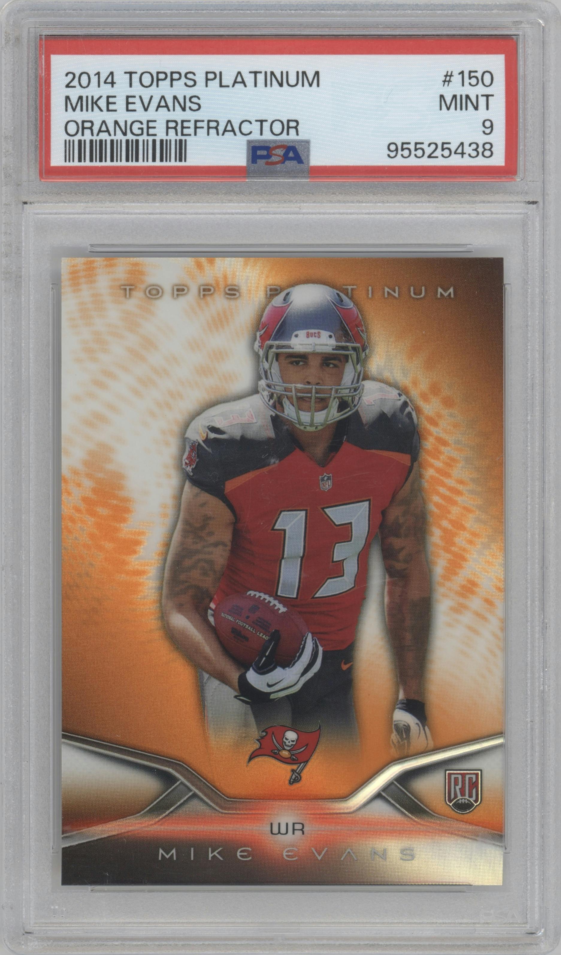 Mike Evans from the 2014 Topps Platinum set featuring a Orange Refractor parallel graded by PSA and given an overall grade of 9.