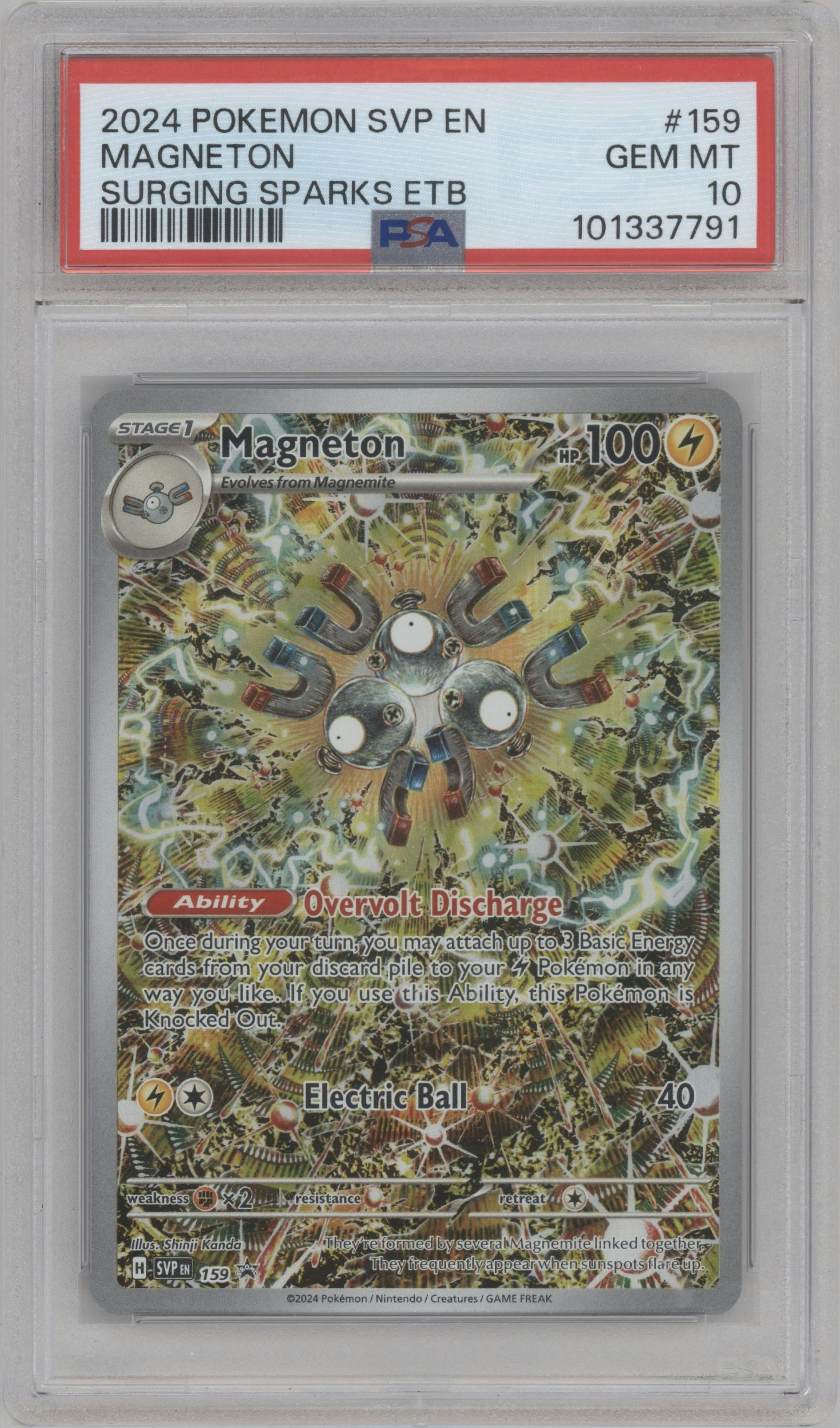 Magneton from the 2024 Pokemon SV set featuring a Surging Sparks Elite Trainer boxes parallel graded by PSA and given an overall grade of 10.