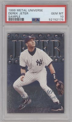 Derek Jeter from the 1999 Metal Universe set graded by PSA and given an overall grade of 10.