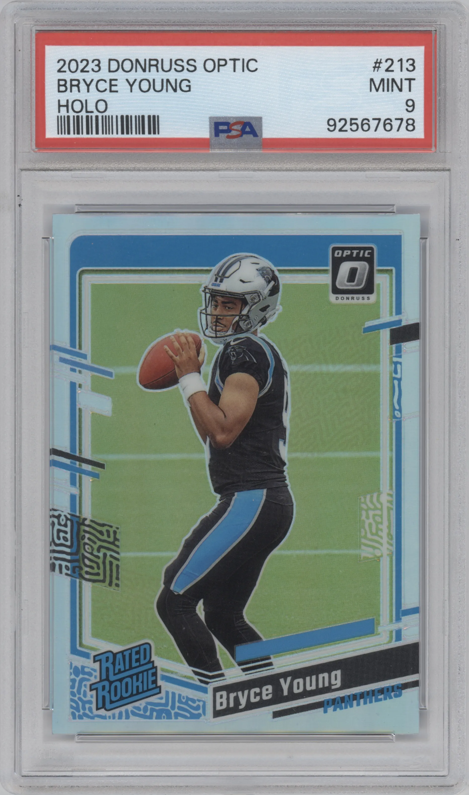 Bryce Young from the 2023 Donruss Optic set featuring a Holo parallel graded by PSA and given an overall grade of 9.