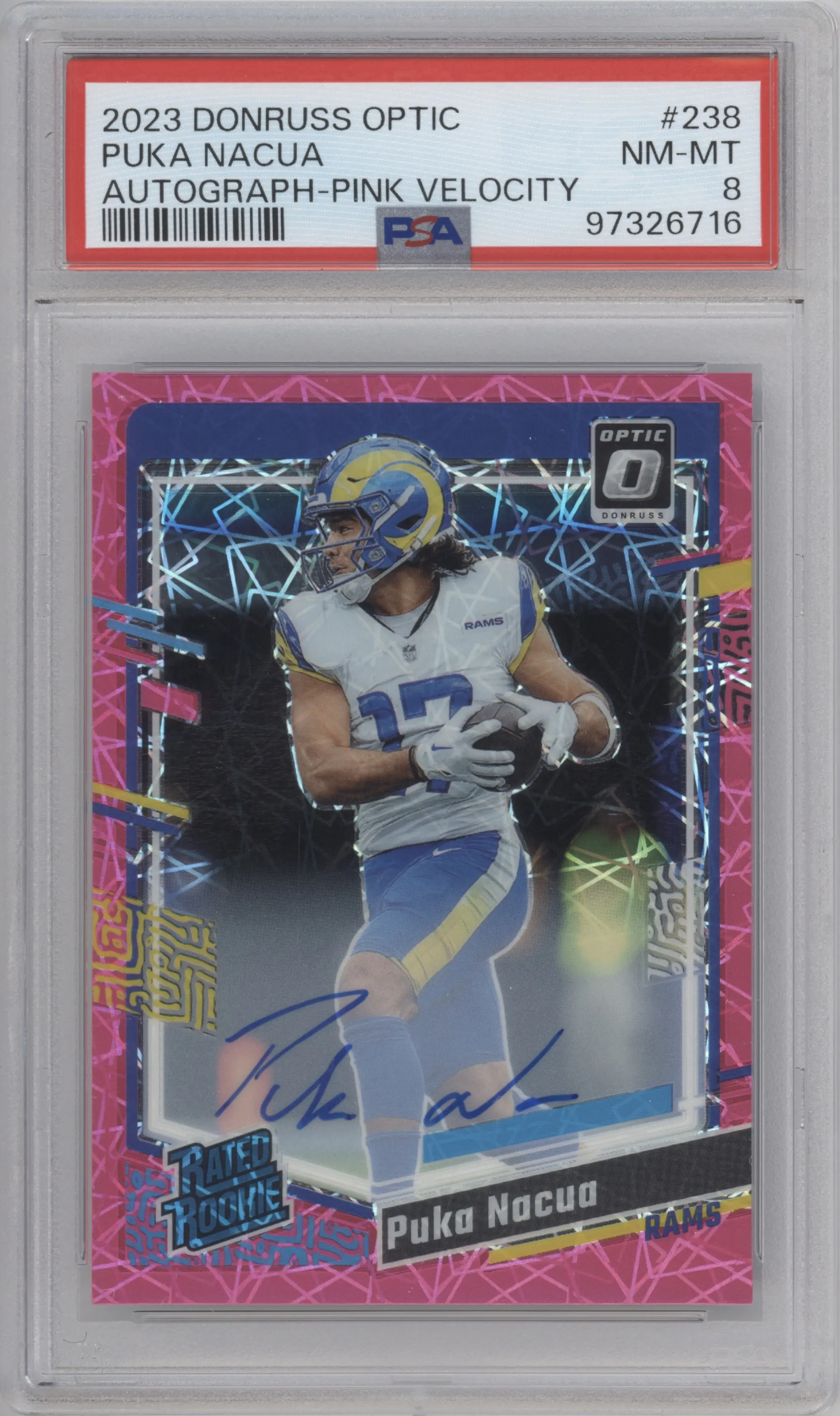 Puka Nacua from the 2023 Donruss Optic set featuring a Pink Velocity parallel graded by PSA and given an overall grade of 8.