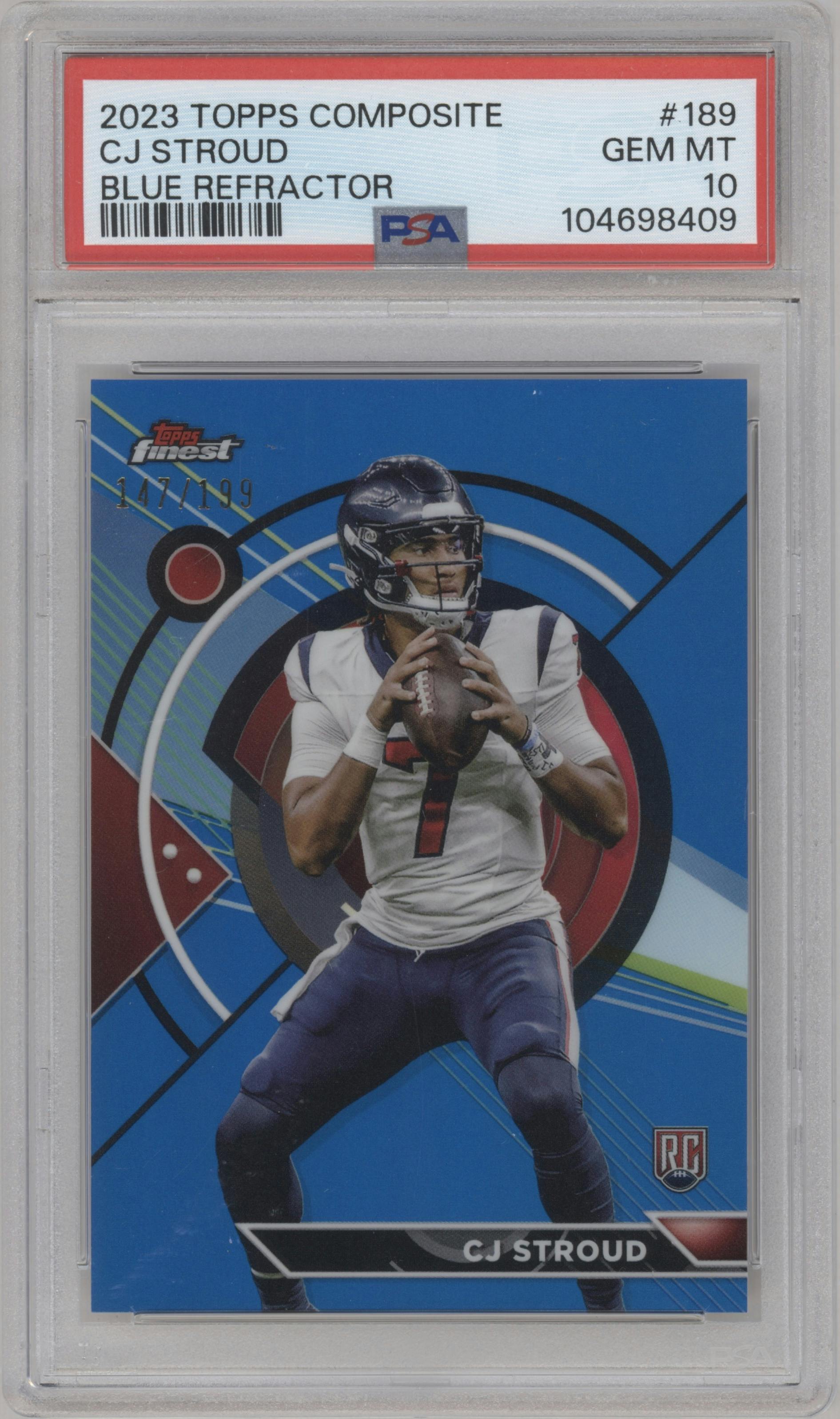 CJ Stroud from the 2023 Topps Composite set featuring a Blue Refractor parallel graded by PSA and given an overall grade of 10.