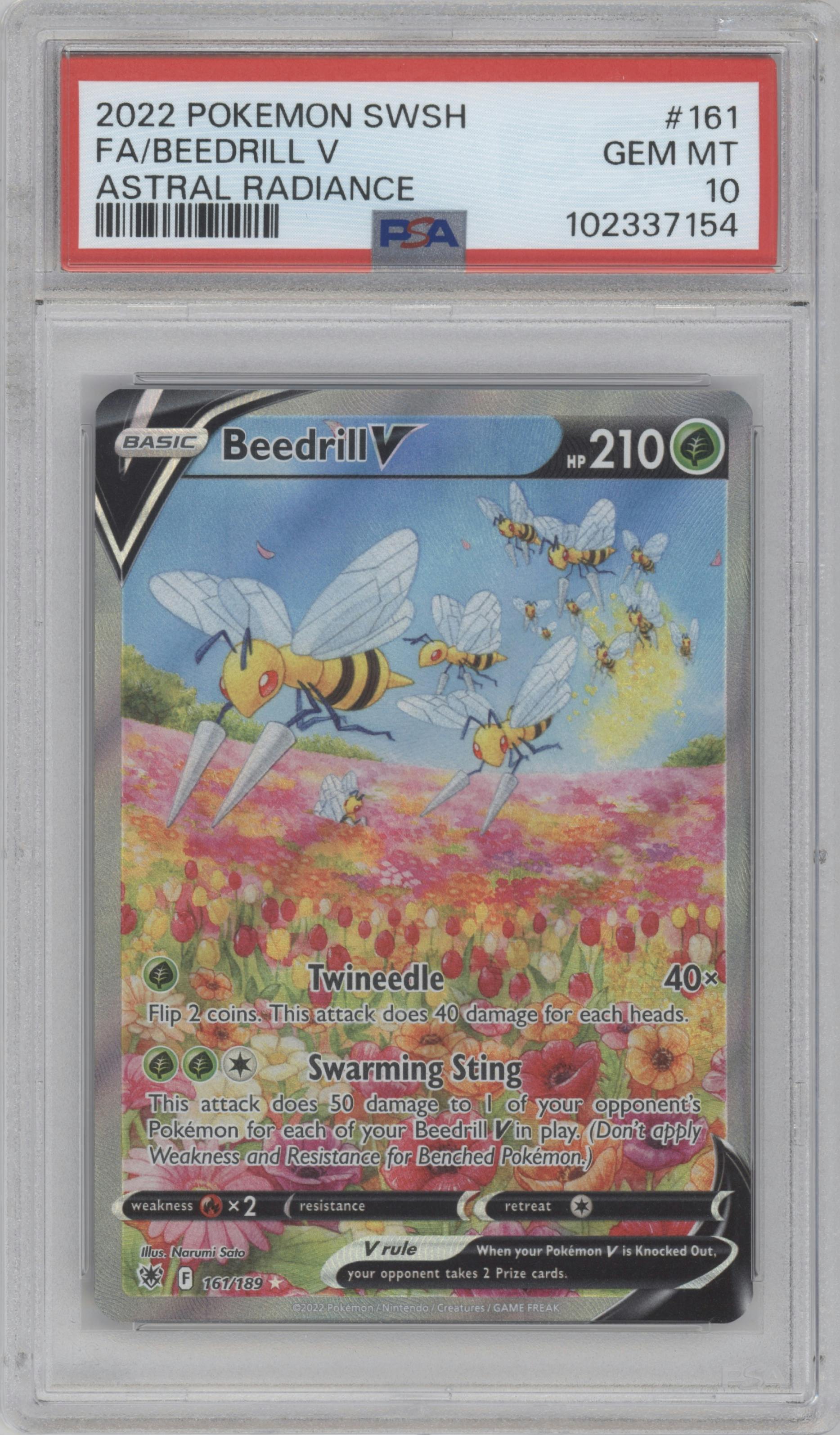 Beedrill V from the 2022 Pokemon SWSH set graded by PSA and given an overall grade of 10.