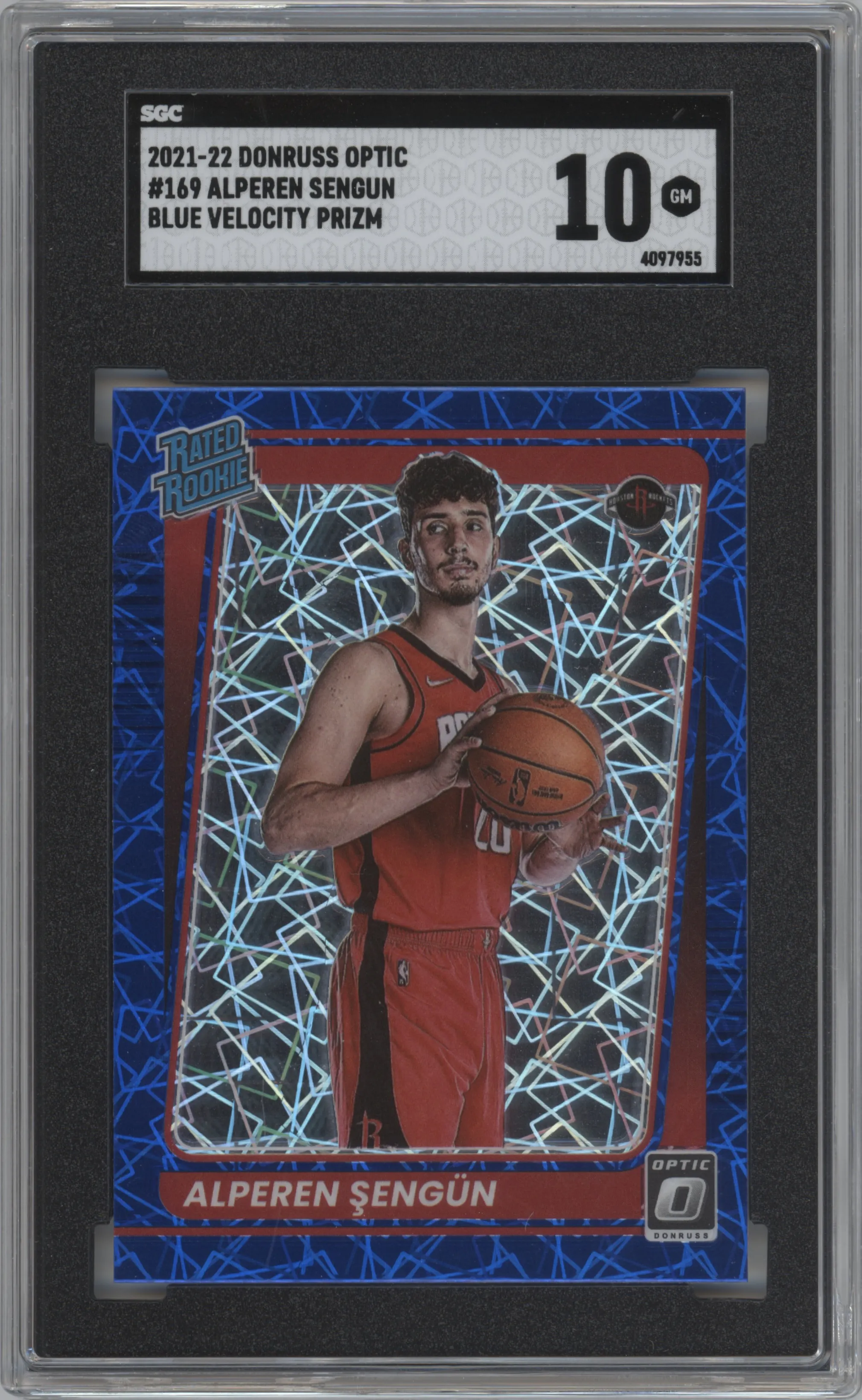 Alperen Sengun from the 2021-22 Panini Donruss Optic set featuring a Blue Velocity parallel graded by SGC and given an overall grade of 10.