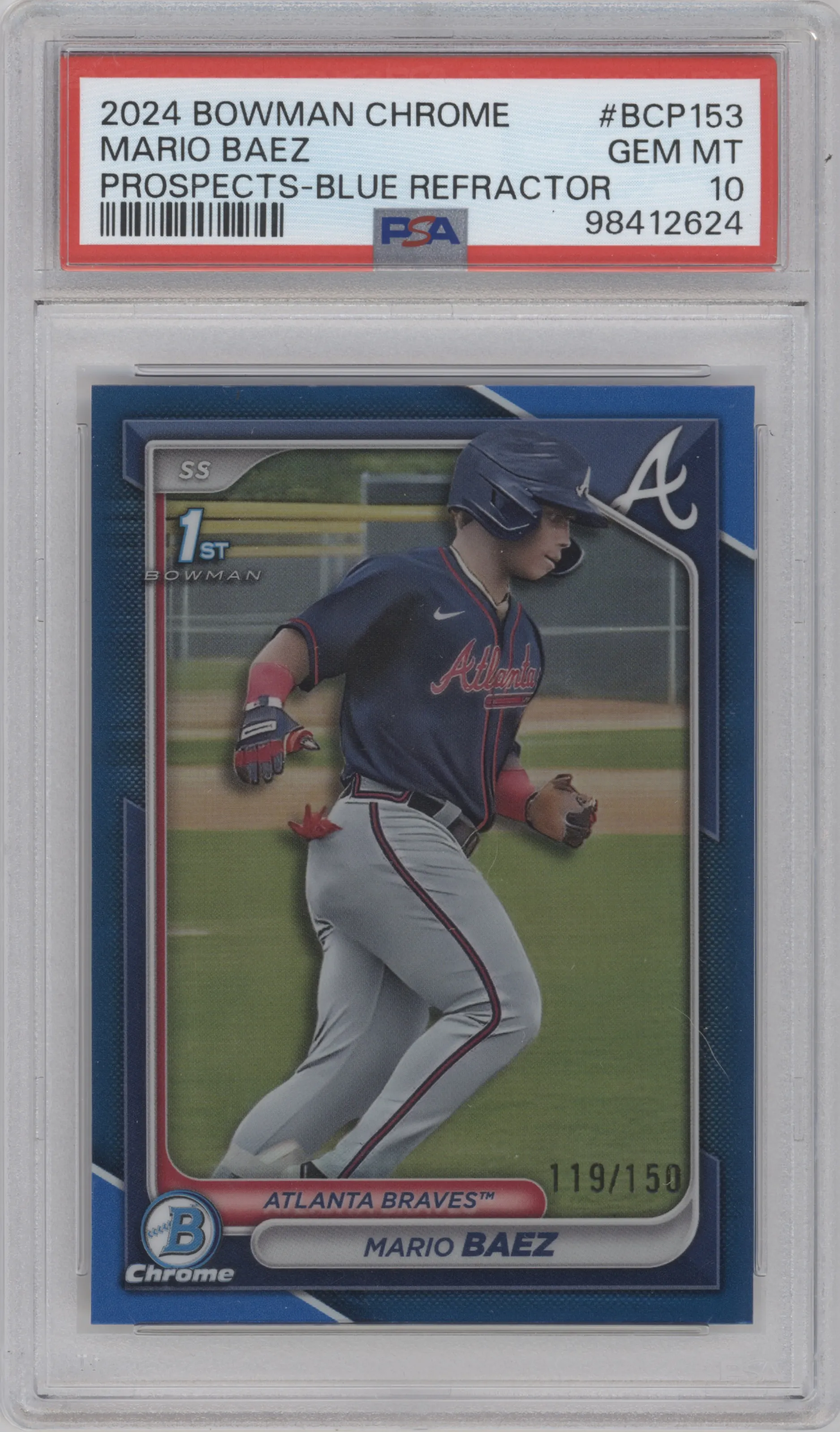 Mario Baez from the 2024 Bowman Chrome set featuring a Blue Refractor parallel graded by PSA and given an overall grade of 10.