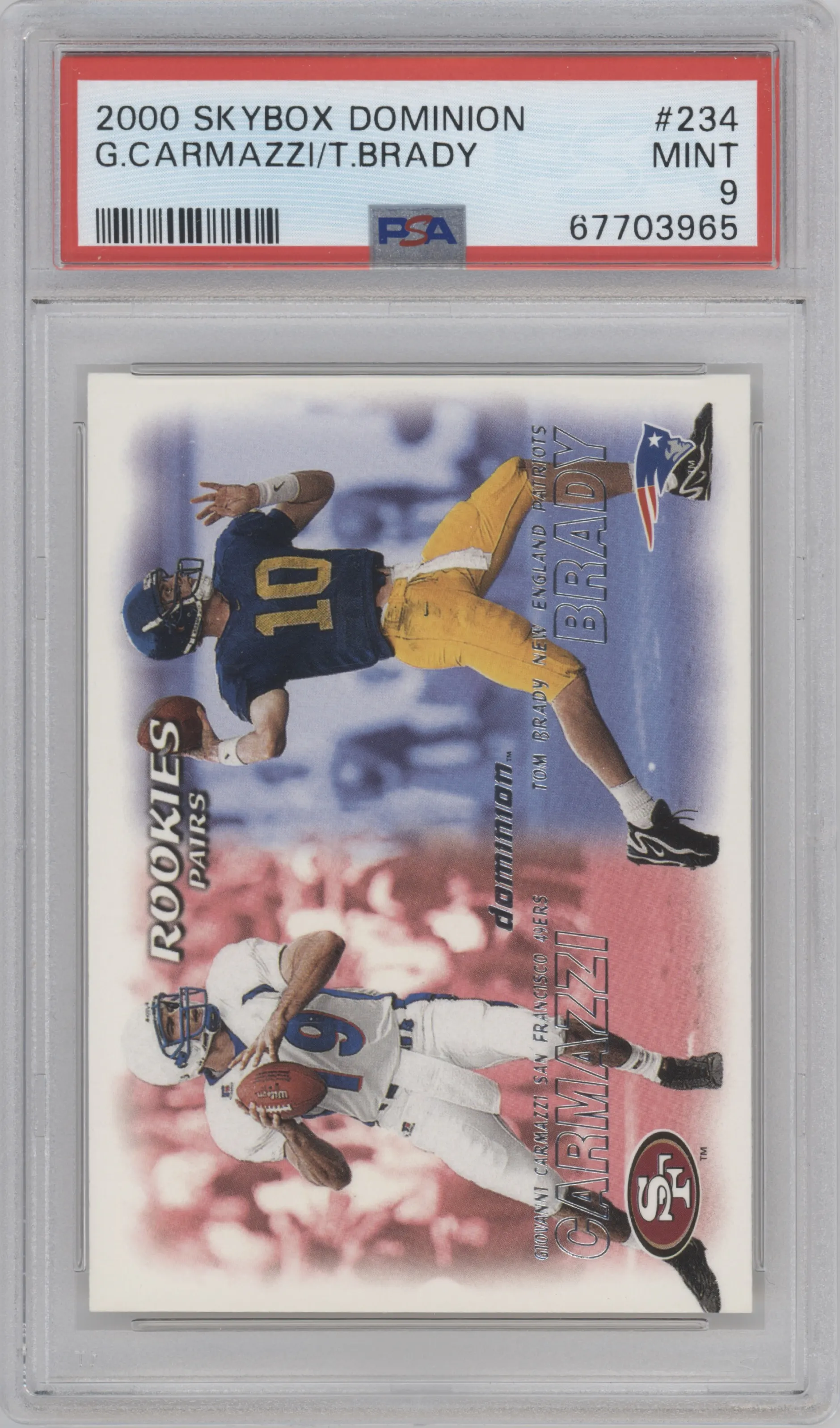 Giovanni Carmazzi/Tom Brady from the 2000 Skybox Dominion set graded by PSA and given an overall grade of 9.