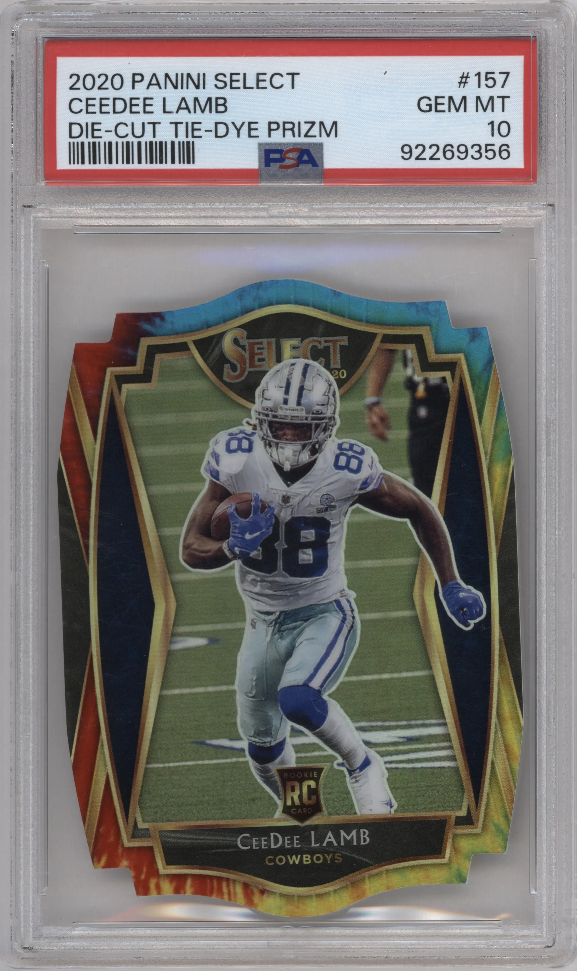 CeeDee Lamb from the 2020 Panini Select set featuring a Die-Cut Tie-Dye parallel graded by PSA and given an overall grade of 10.