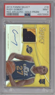 Rudy Gobert from the 2013-14 Panini Select set featuring a Gold Prizm parallel graded by PSA and given an overall grade of 9.