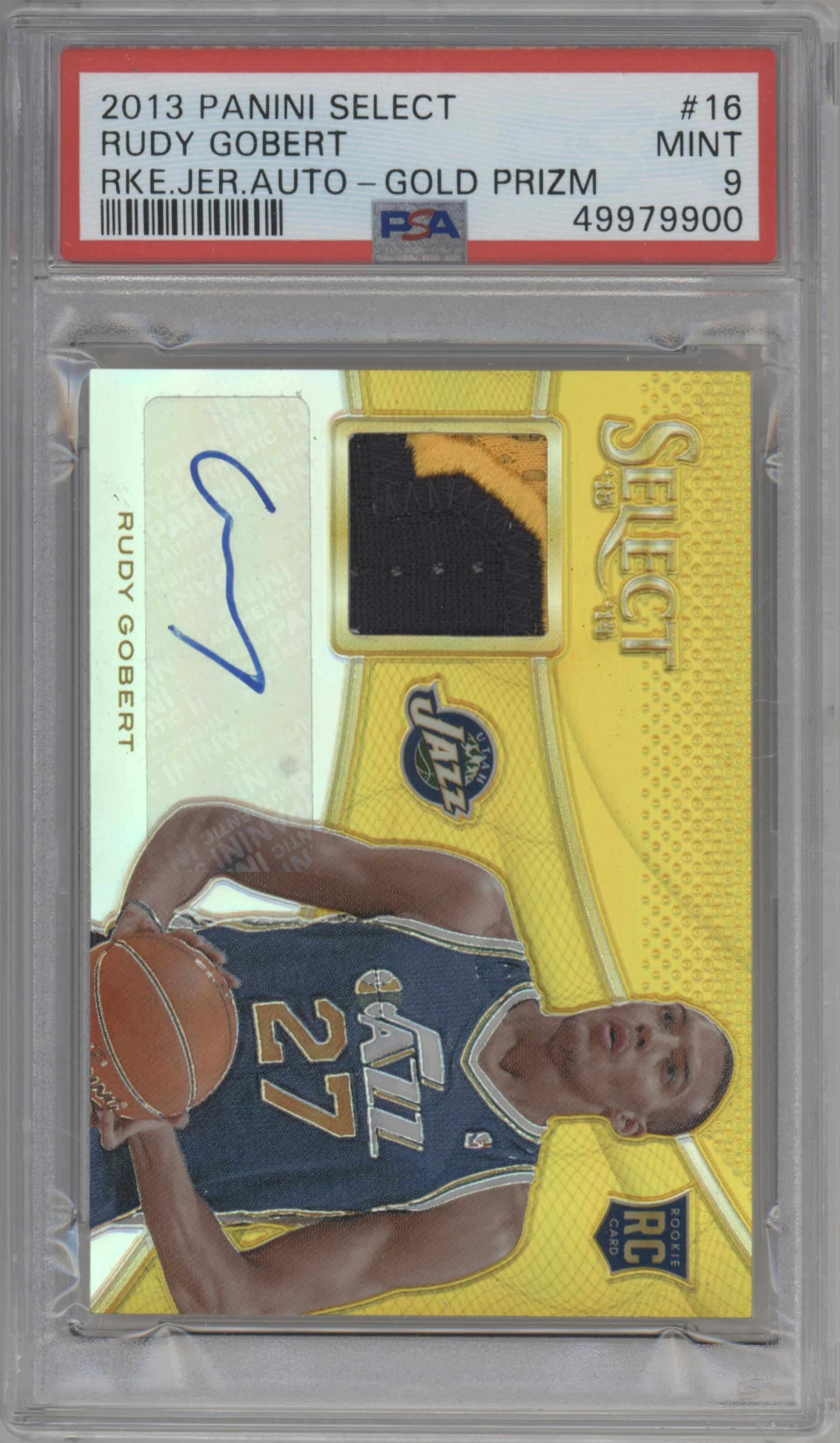 Rudy Gobert from the 2013-14 Panini Select set featuring a Gold Prizm parallel graded by PSA and given an overall grade of 9.