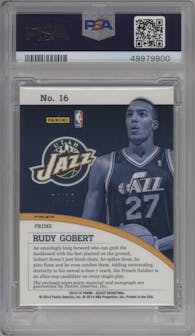 Rudy Gobert from the 2013-14 Panini Select set featuring a Gold Prizm parallel graded by PSA and given an overall grade of 9.