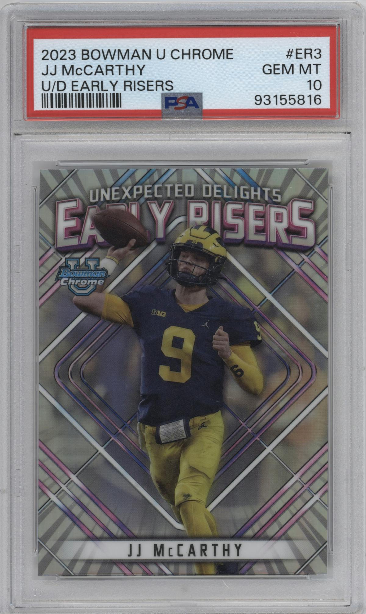 JJ McCarthy from the 2023 Bowman Chrome University set graded by PSA and given an overall grade of 10.