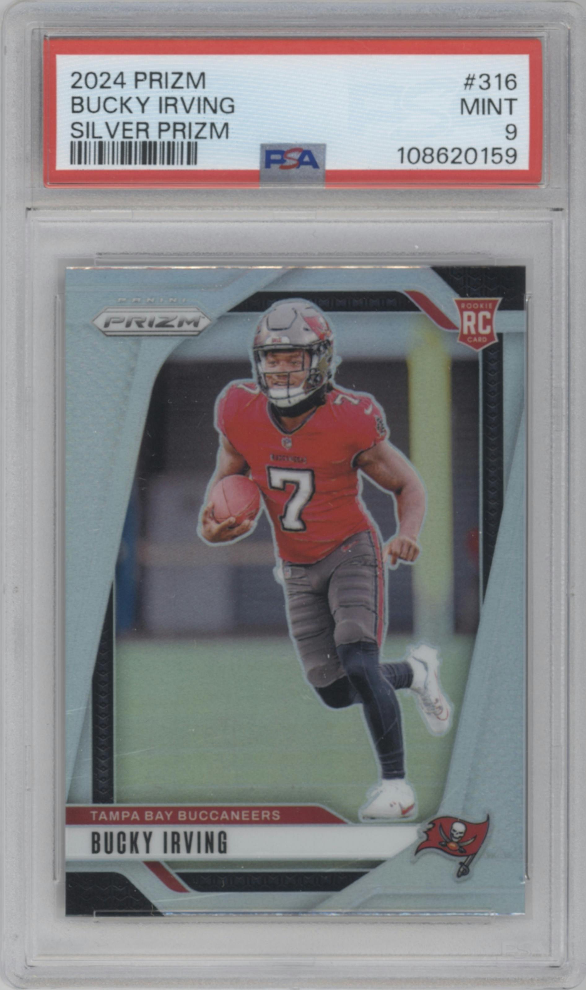 Bucky Irving from the 2024 Panini Prizm set featuring a Silver Prizm parallel graded by PSA and given an overall grade of 9.
