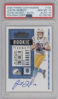 Justin Herbert from the 2020 Panini Contenders set graded by PSA and given an overall grade of 10.