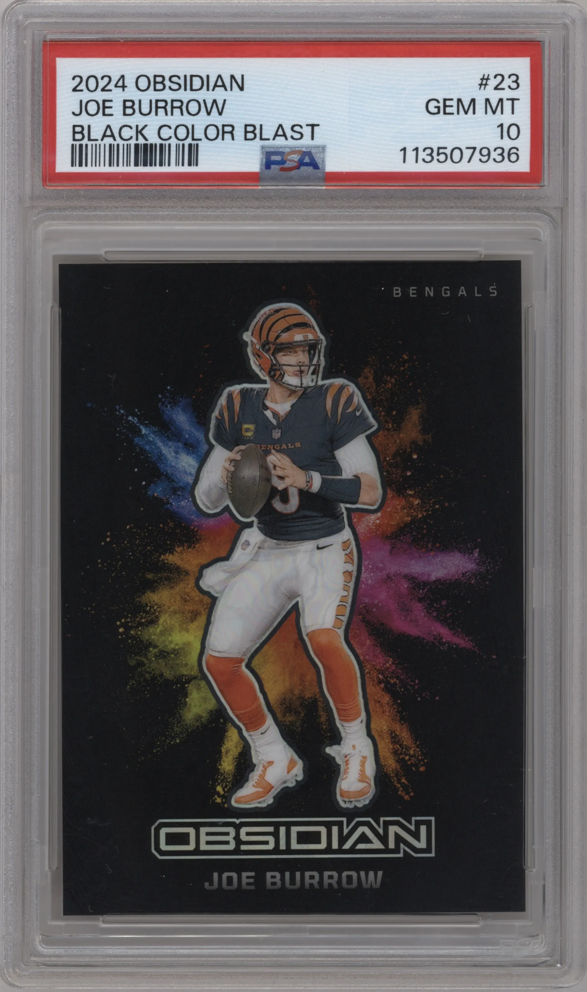 Joe Burrow from the 2024 Panini Obsidian set graded by PSA and given an overall grade of 10.