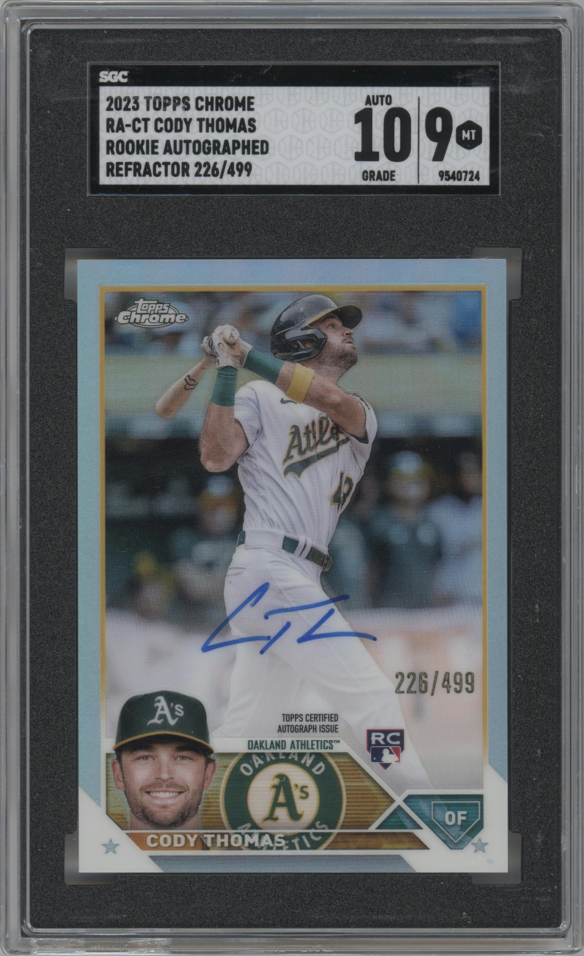 Cody Thomas from the 2023 Topps Chrome set featuring a Refractor parallel graded by SGC and given an overall grade of 9.