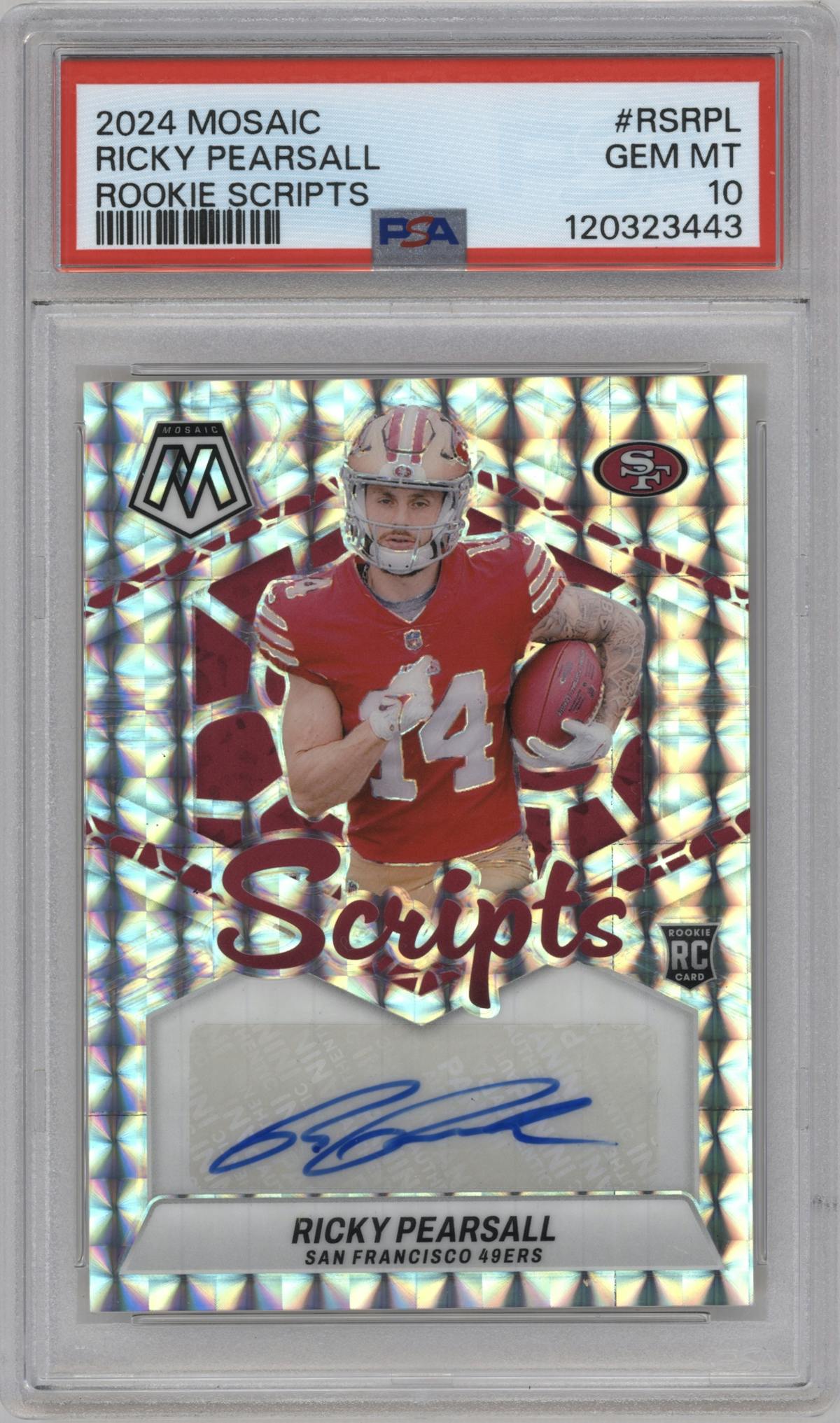 Ricky Pearsall from the 2024 Panini Mosaic set graded by PSA and given an overall grade of 10.