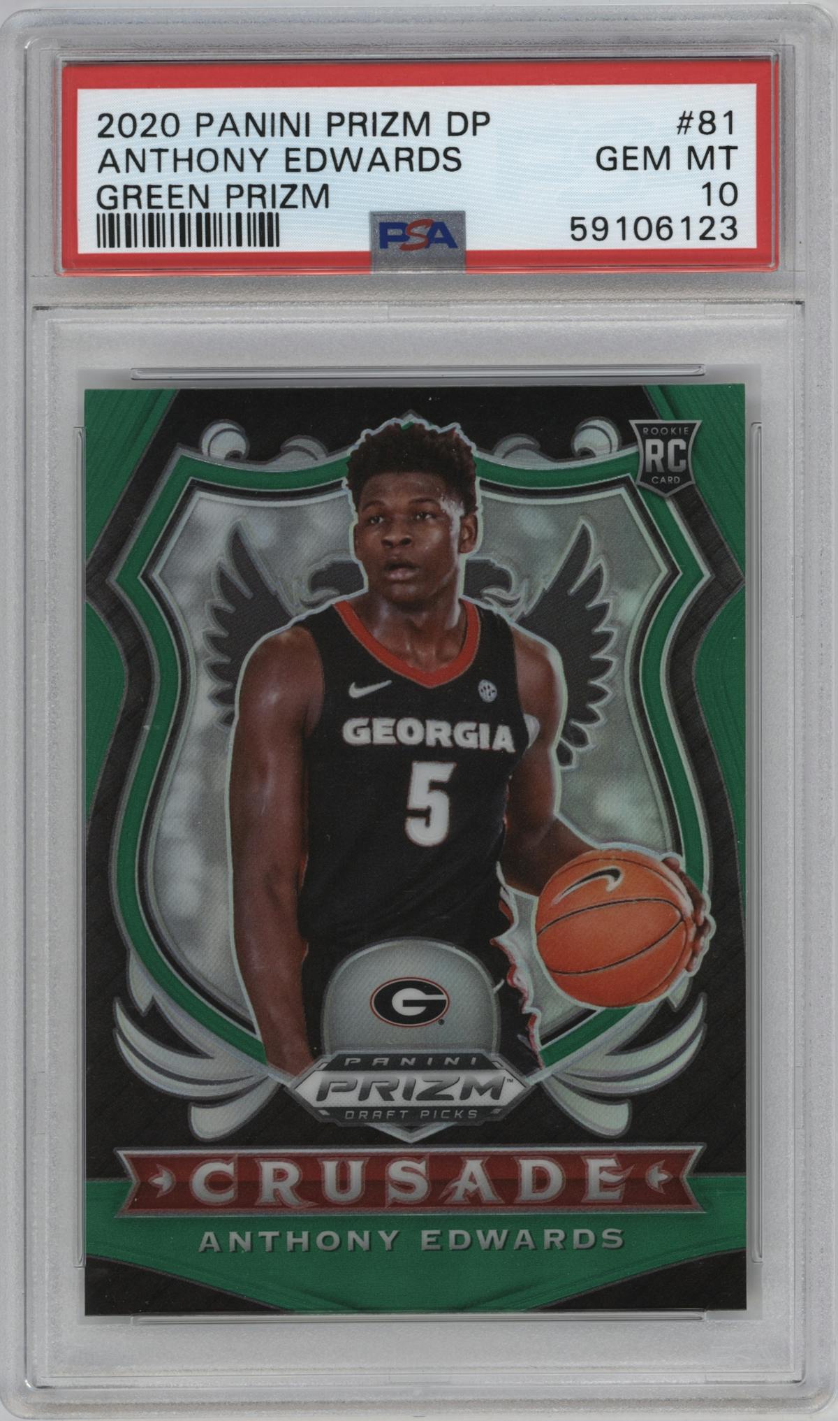 Anthony Edwards from the 2020-21 Panini Prizm Draft Picks set featuring a Green Prizm parallel graded by PSA and given an overall grade of 10.