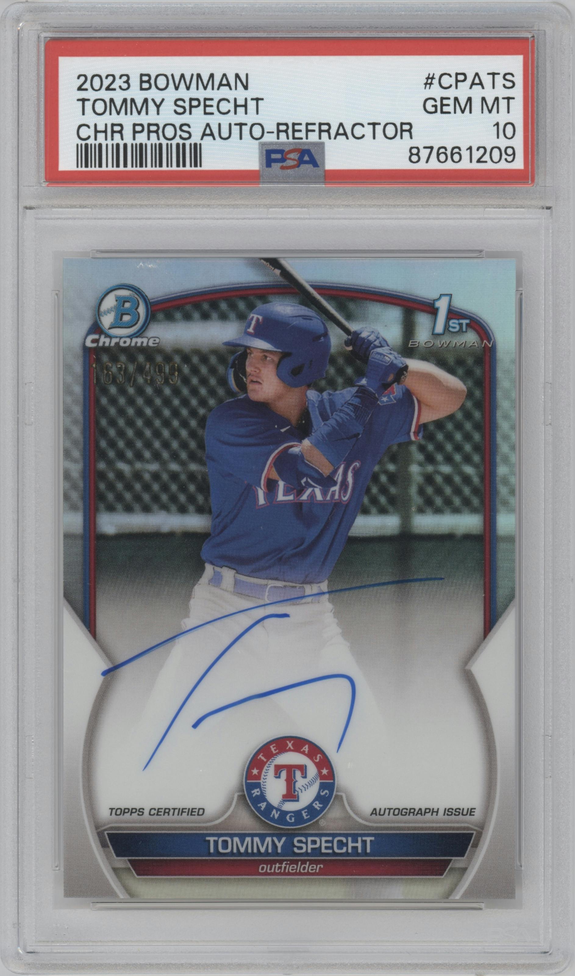 Tommy Specht from the 2023 Bowman  set featuring a Refractor parallel graded by PSA and given an overall grade of 10.