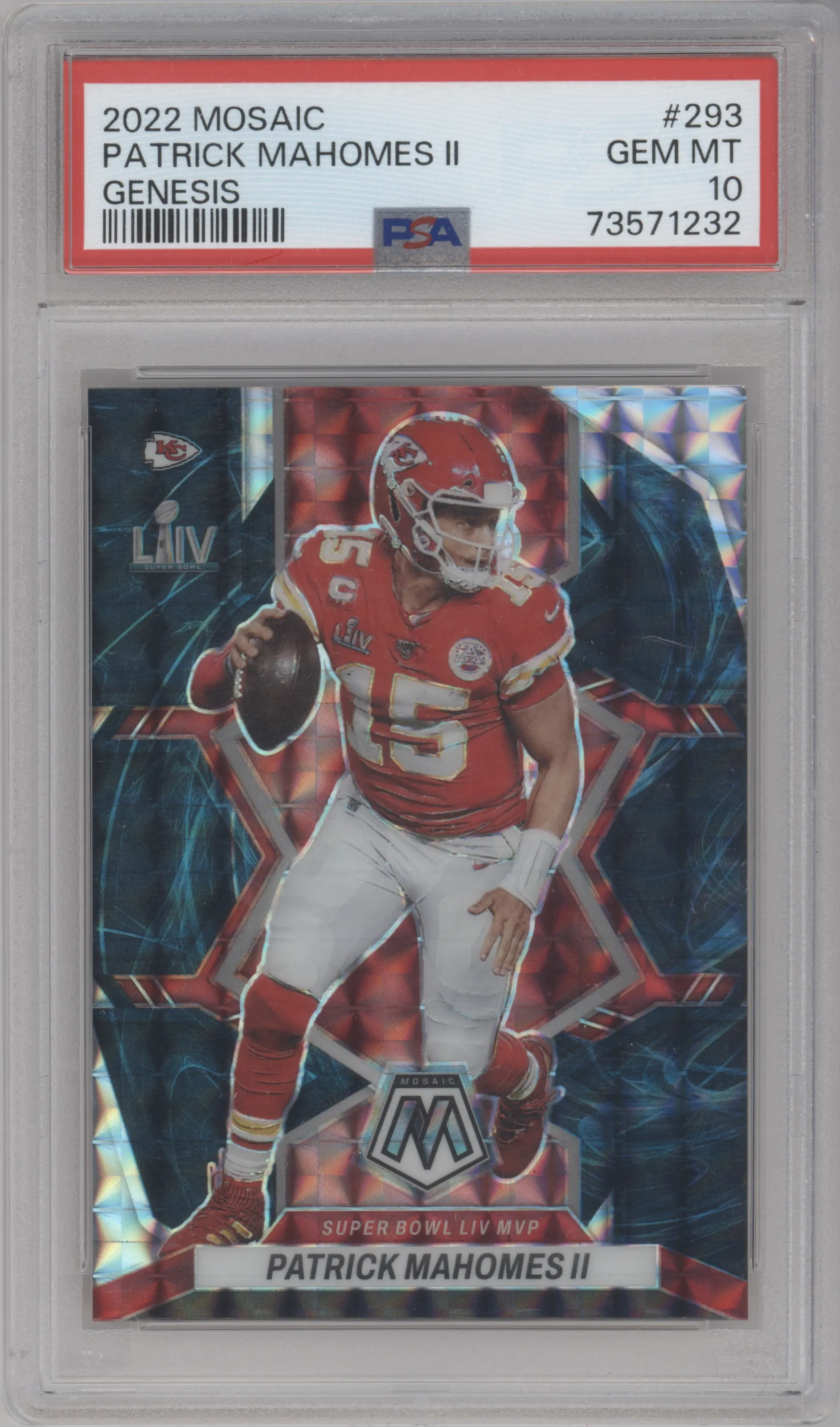 Patrick Mahomes II from the 2022 Panini Mosaic set featuring a Genesis parallel graded by PSA and given an overall grade of 10.