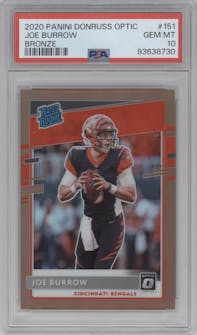 Joe Burrow from the 2020 Panini Donruss Optic set featuring a Bronze parallel graded by PSA and given an overall grade of 10.