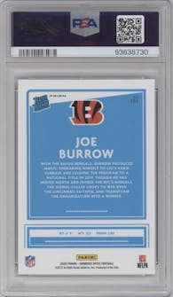 Joe Burrow from the 2020 Panini Donruss Optic set featuring a Bronze parallel graded by PSA and given an overall grade of 10.