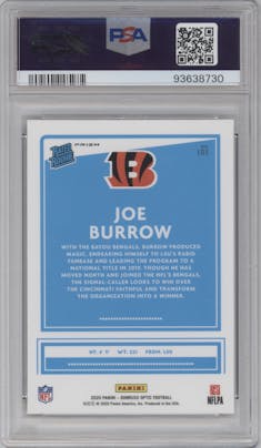 Joe Burrow from the 2020 Panini Donruss Optic set featuring a Bronze parallel graded by PSA and given an overall grade of 10.