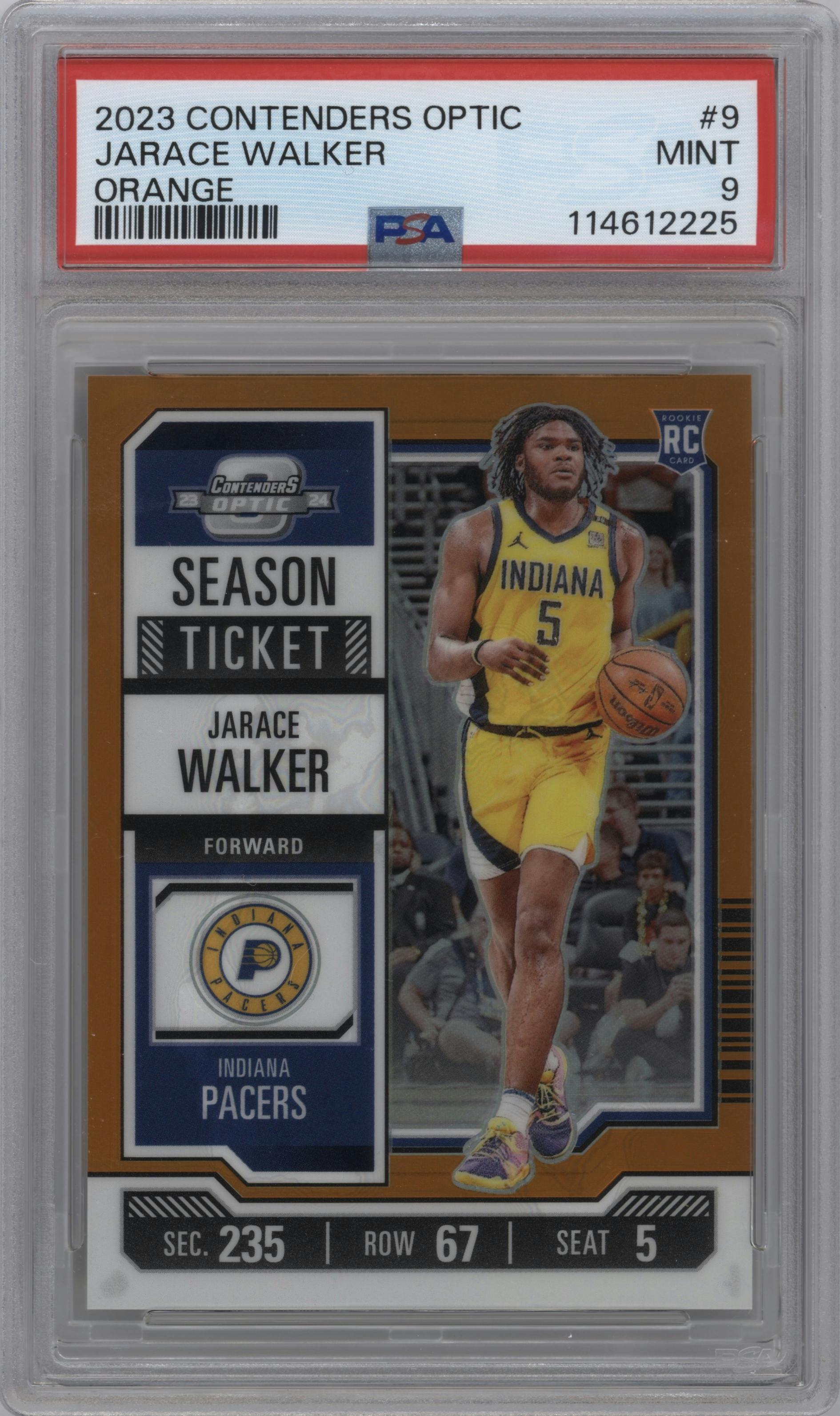 Jarace Walker from the 2023-24 Panini Contenders Optic set featuring a Orange parallel graded by PSA and given an overall grade of 9.