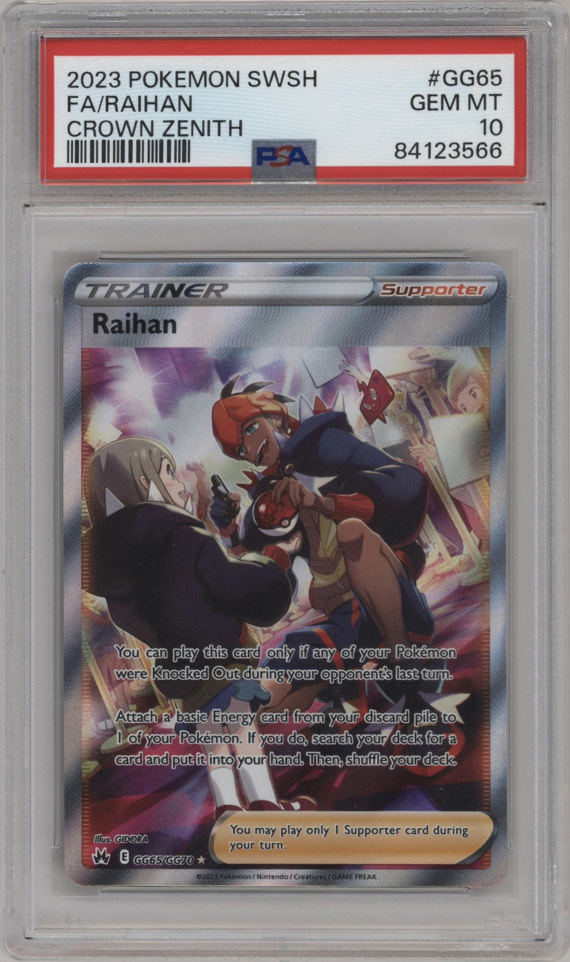 Raihan from the 2023 Pokemon SWSH set graded by PSA and given an overall grade of 10.