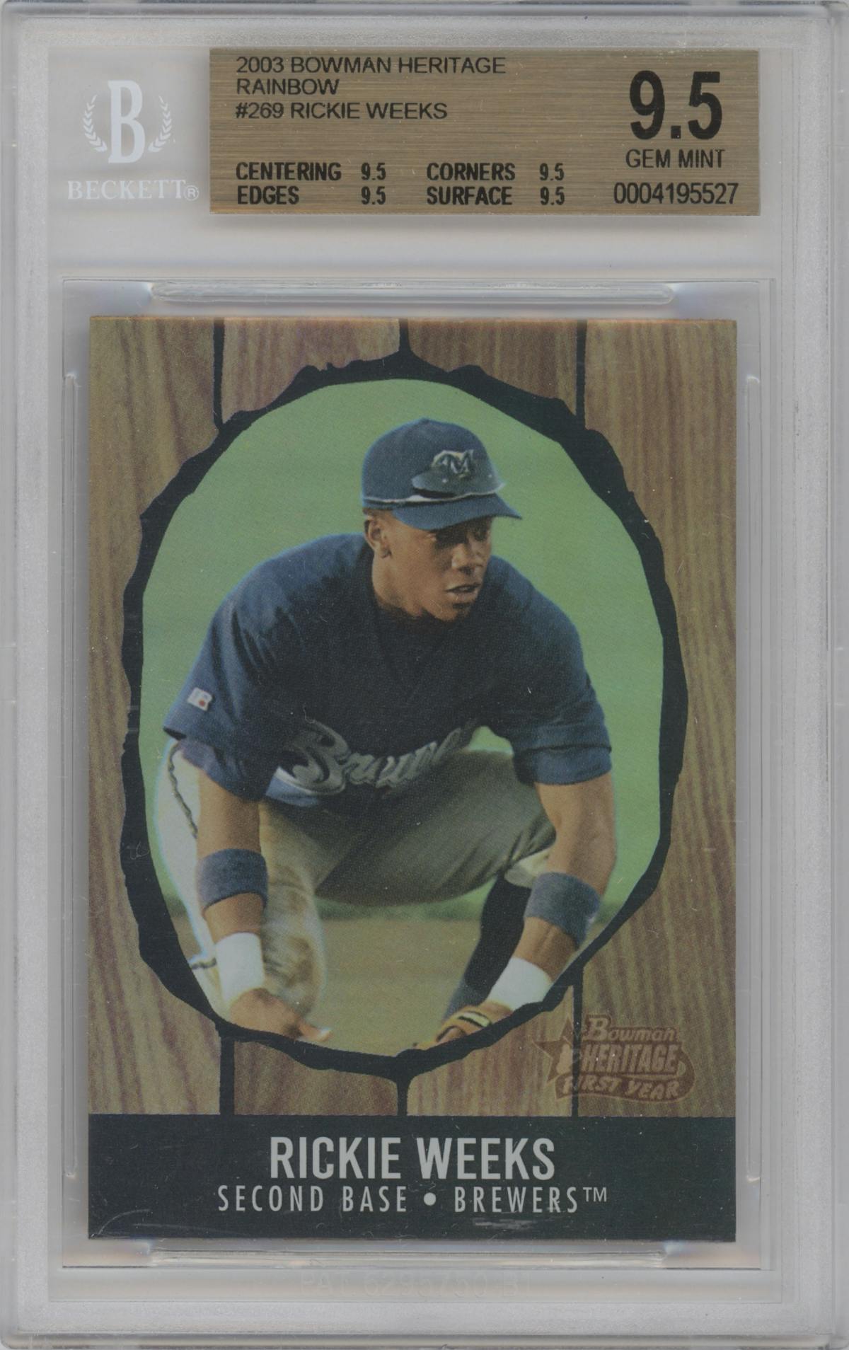Rickie Weeks  from the 2003 Bowman Heritage set graded by Beckett and given an overall grade of 9.5.
