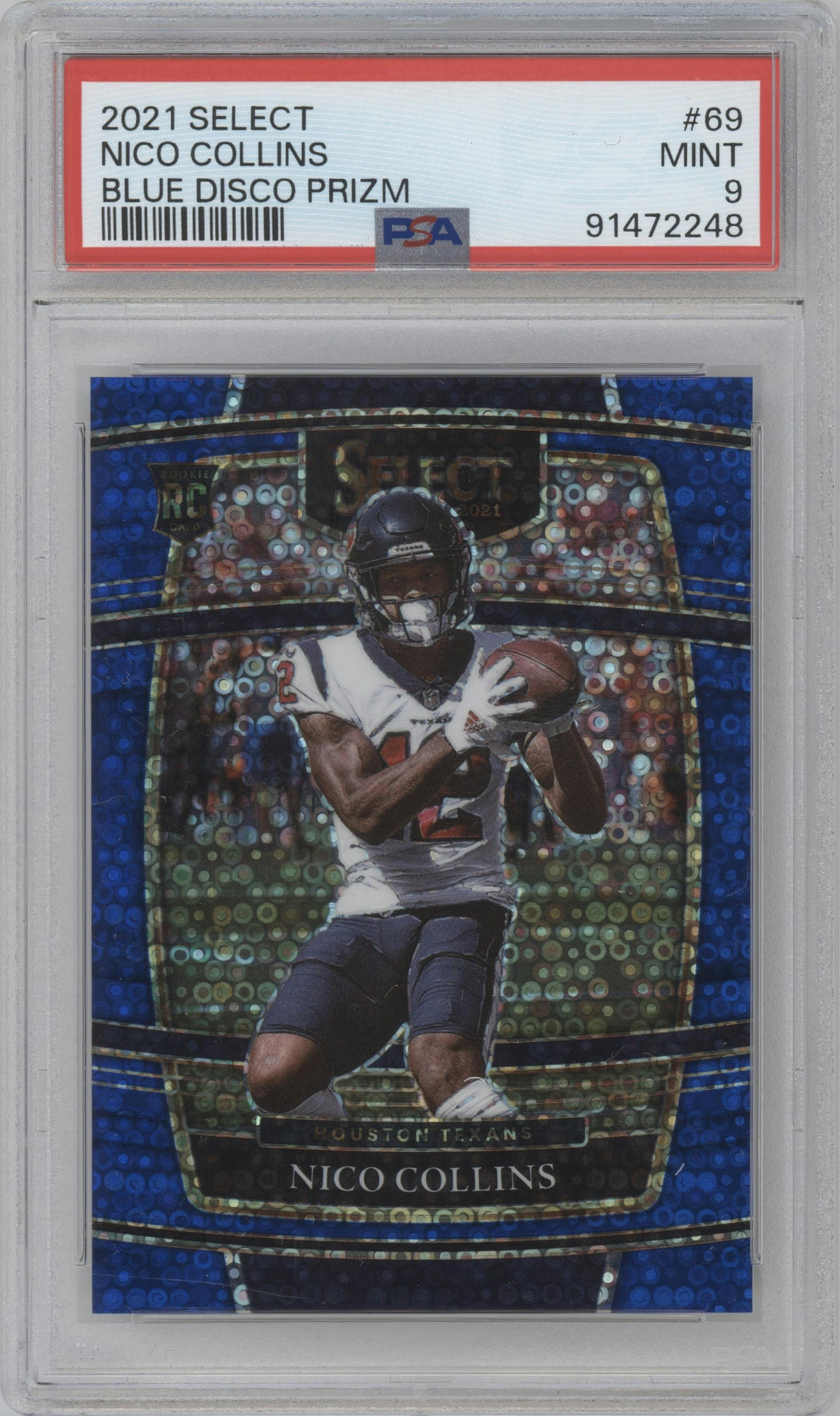 Nico Collins from the 2021 Panini Select set featuring a Disco Blue parallel graded by PSA and given an overall grade of 9.