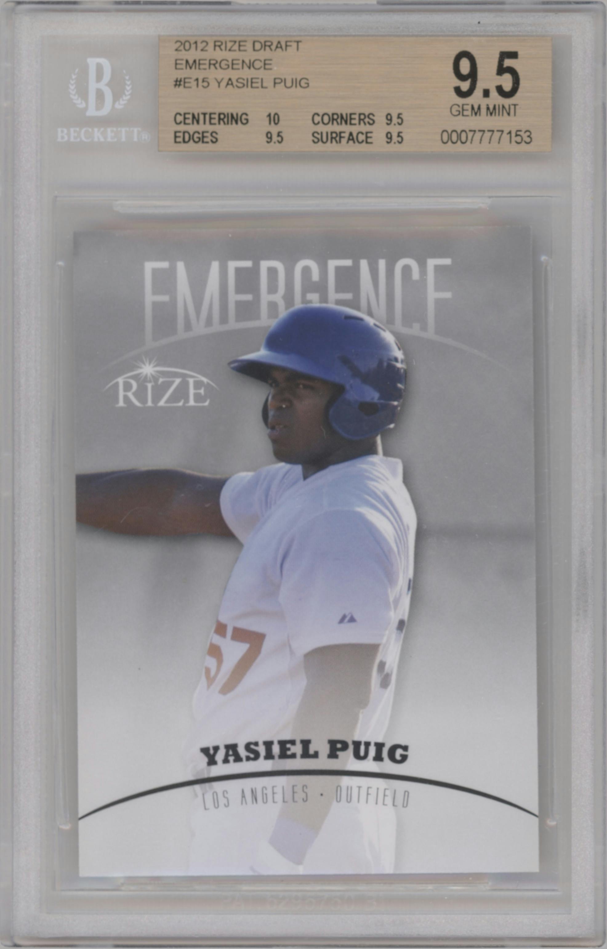 Yasiel Puig from the 2012 Leaf Rize Draft set graded by Beckett and given an overall grade of 9.5.