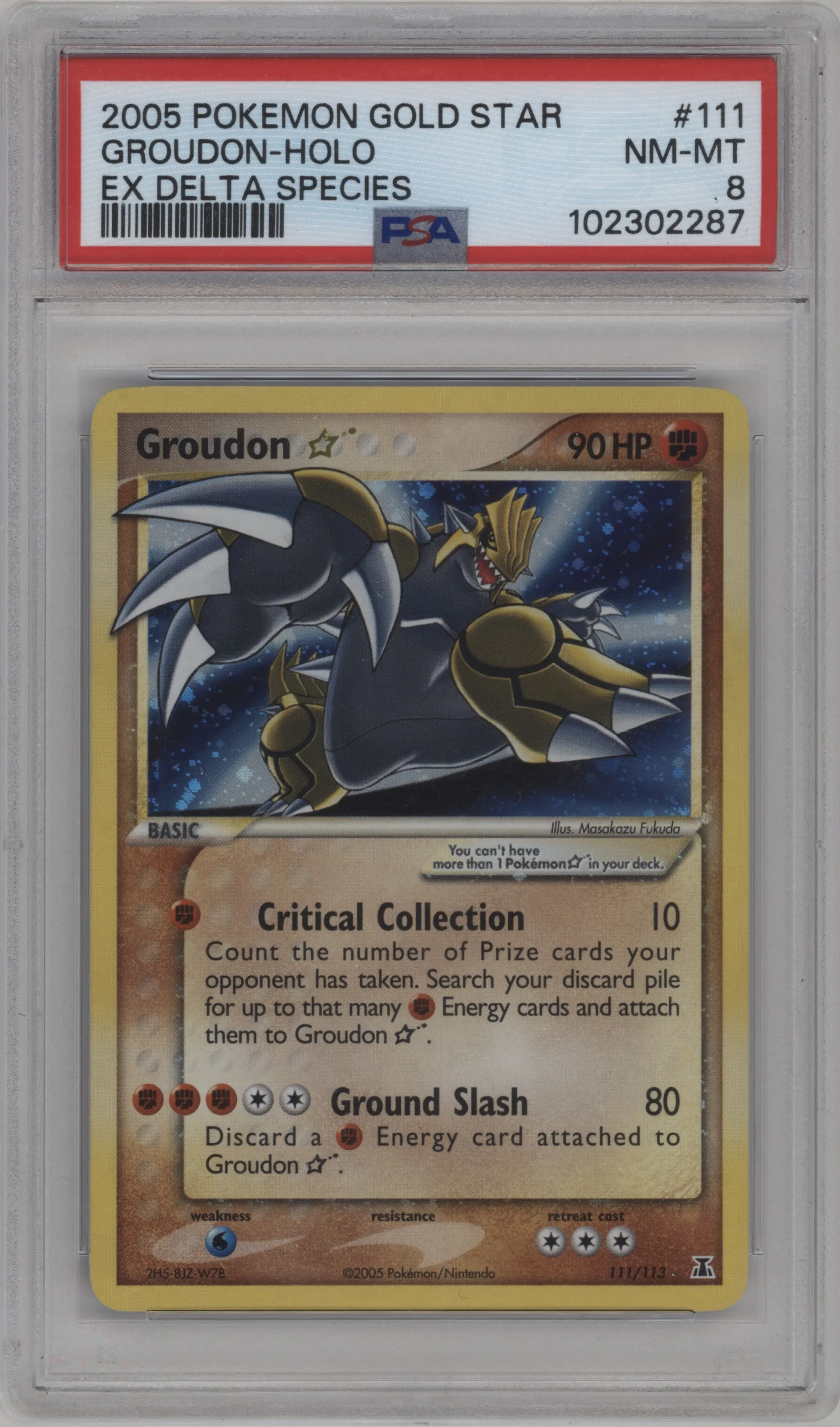 Groudon Gold Star from the 2005 Pokemon EX set graded by PSA and given an overall grade of 8.