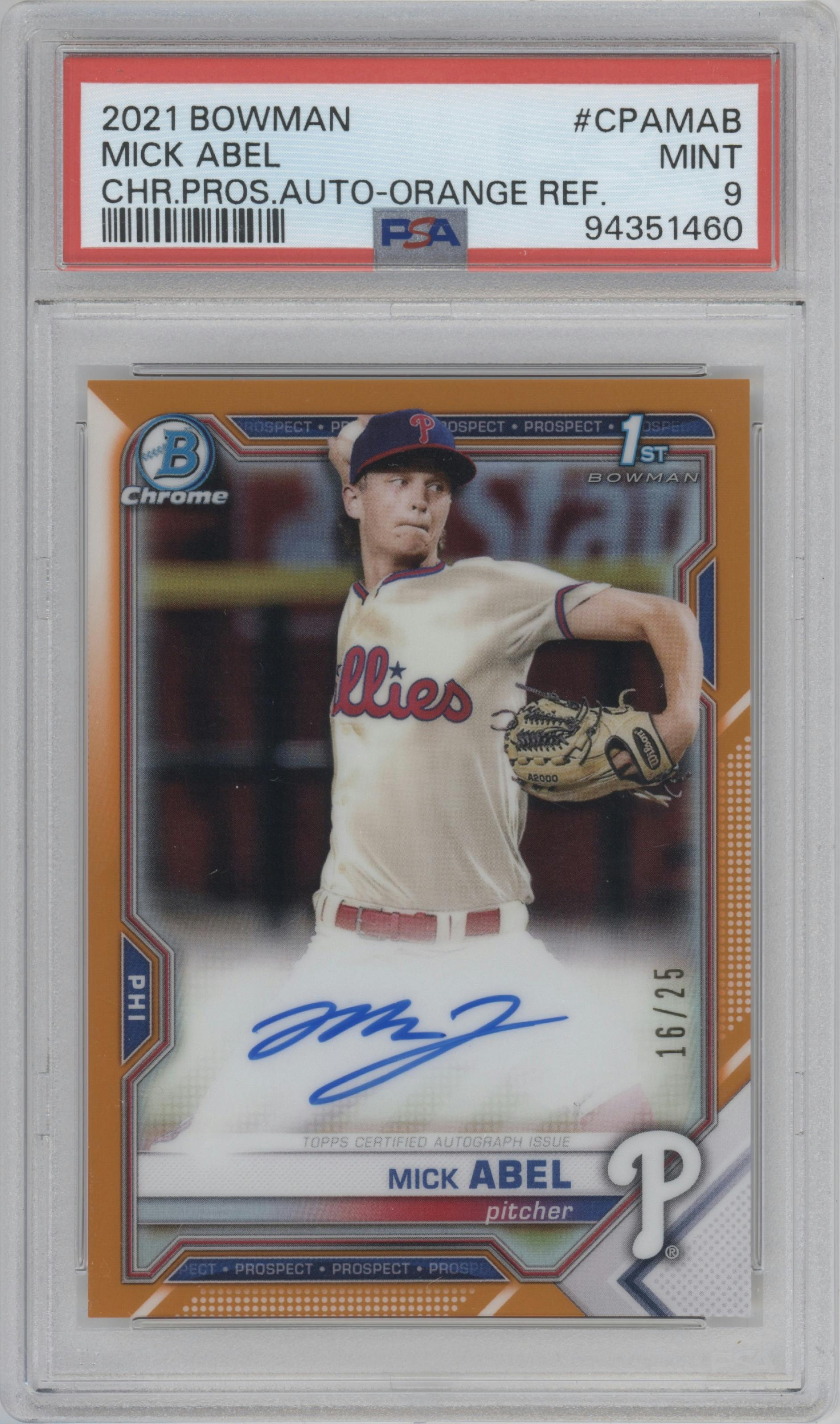 Mick Abel from the 2021 Bowman set featuring a Orange Refractor parallel graded by PSA and given an overall grade of 9.