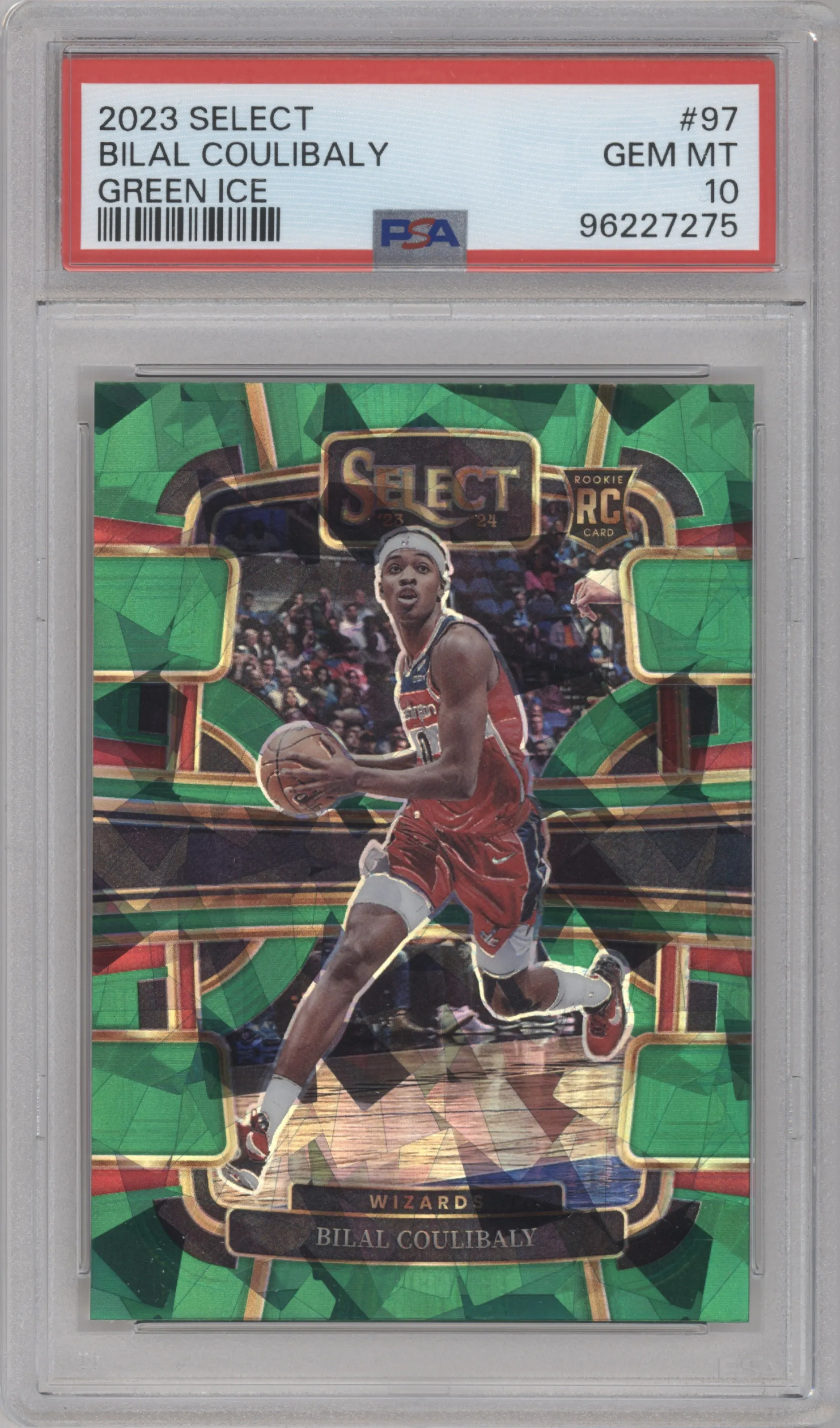 Bilal Coulibaly from the 2023-24 Panini Select  set featuring a Green Ice parallel graded by PSA and given an overall grade of 10.