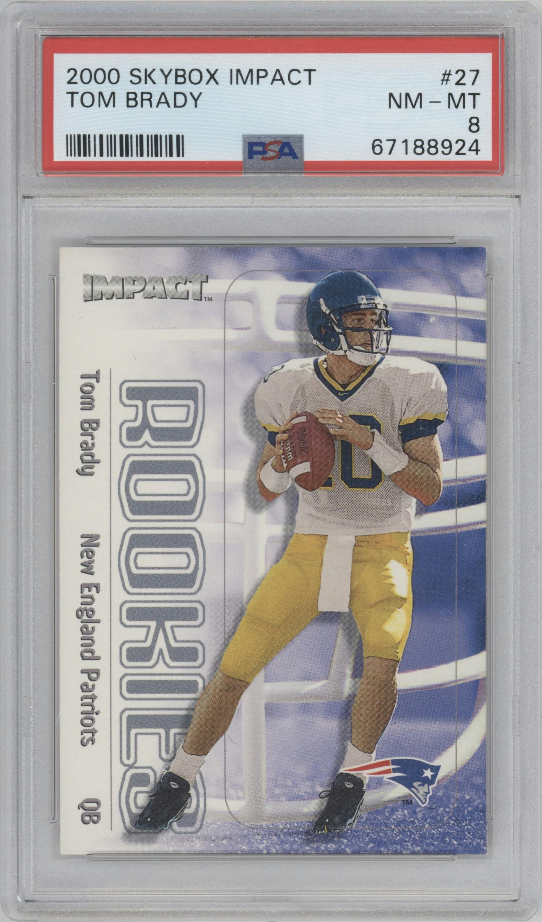 Tom Brady from the 2000 Impact  set graded by PSA and given an overall grade of 8.