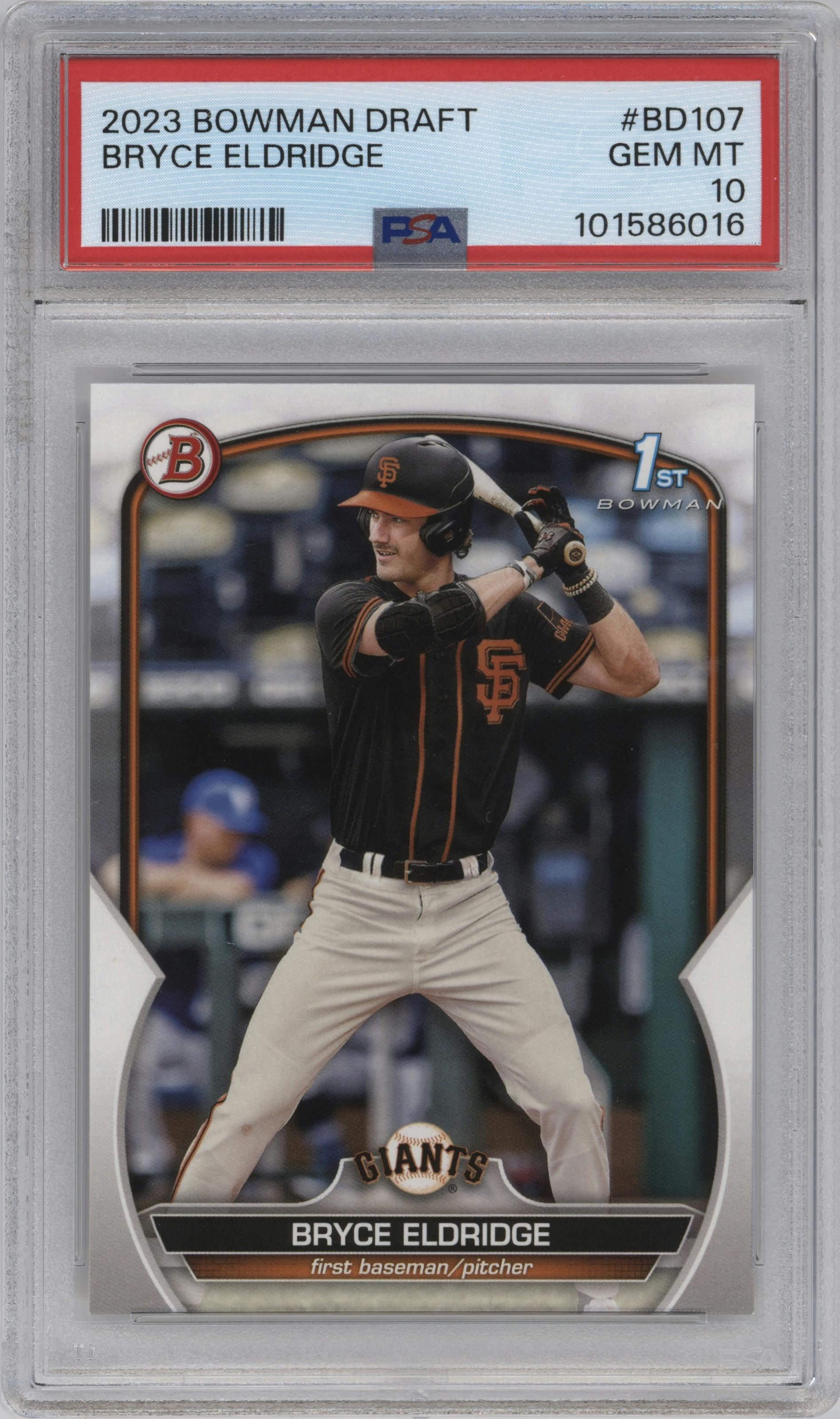 Bryce Eldridge from the 2023 Bowman Draft set graded by PSA and given an overall grade of 10.