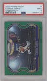 LeBron James from the 2020-21 Panini Prizm set featuring a Green Prizm parallel graded by PSA and given an overall grade of 9.