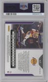 LeBron James from the 2020-21 Panini Prizm set featuring a Green Prizm parallel graded by PSA and given an overall grade of 9.