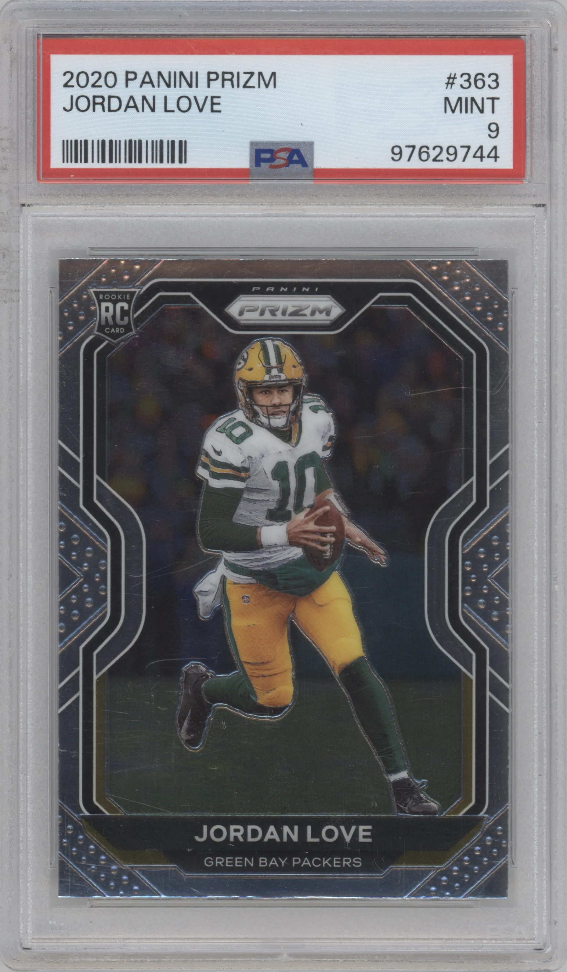 Jordan Love from the 2020 Panini Prizm set graded by PSA and given an overall grade of 9.