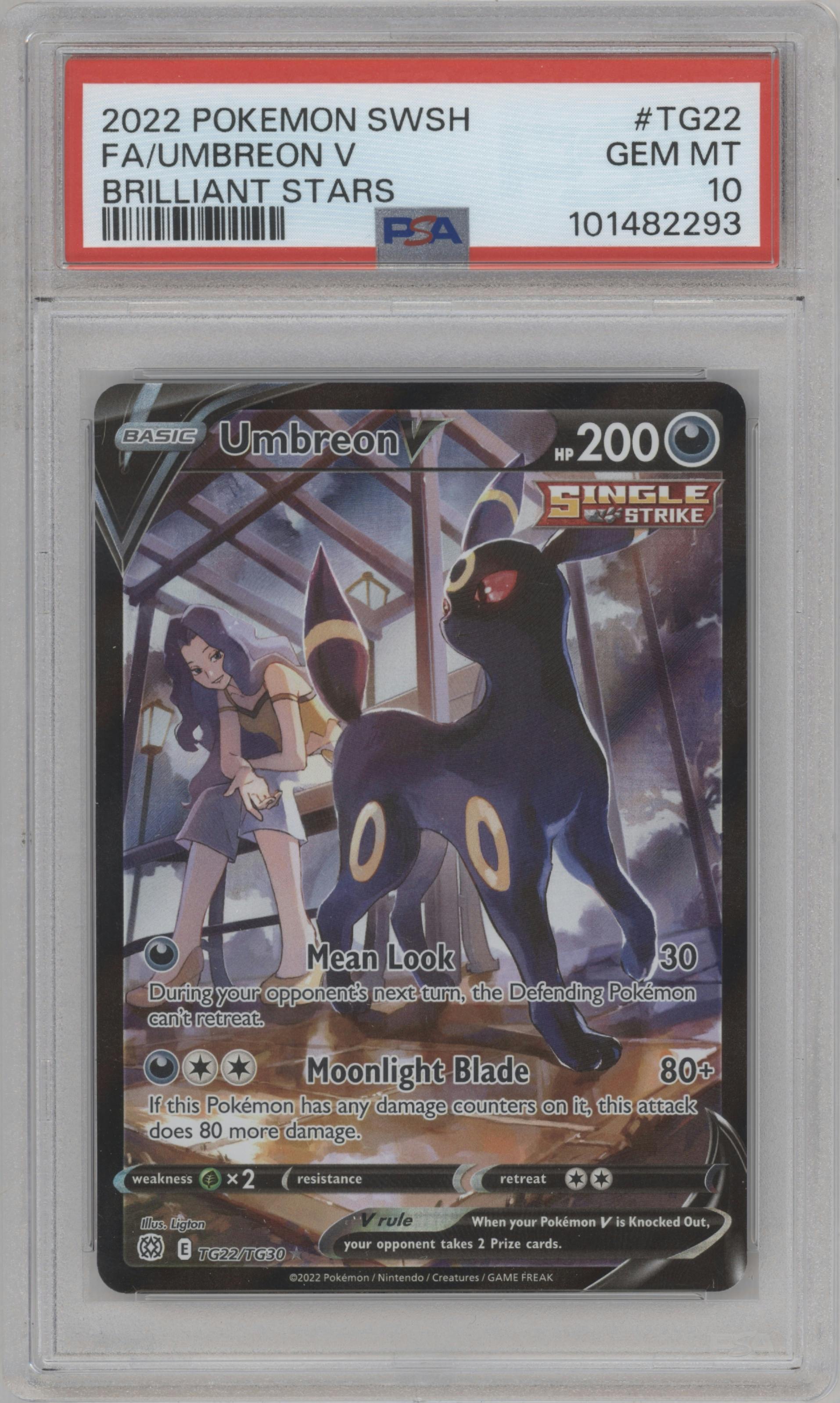 Umbreon V from the 2022 Pokemon SWSH set graded by PSA and given an overall grade of 10.
