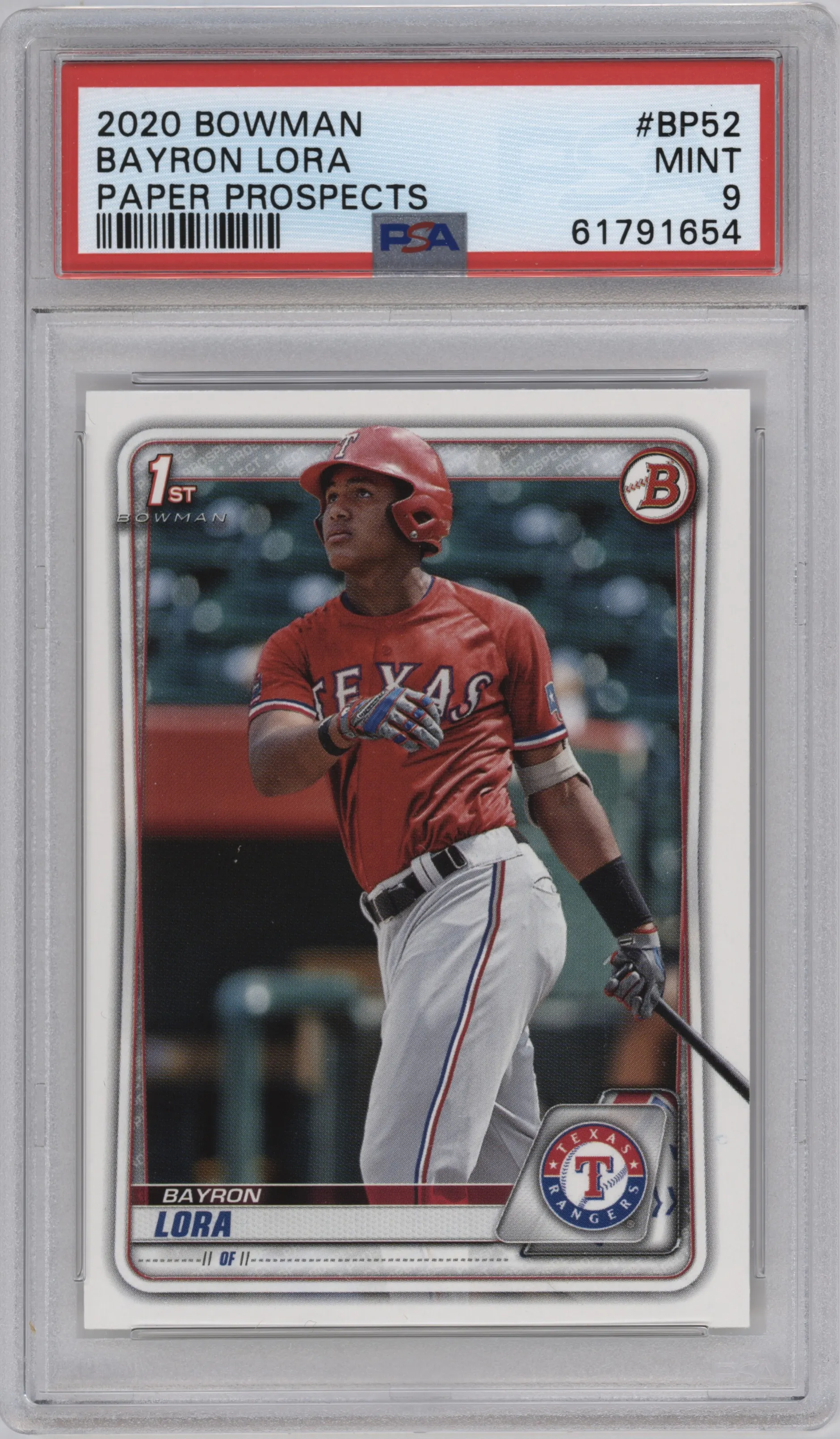 Bayron Lora from the 2020 Bowman set graded by PSA and given an overall grade of 9.