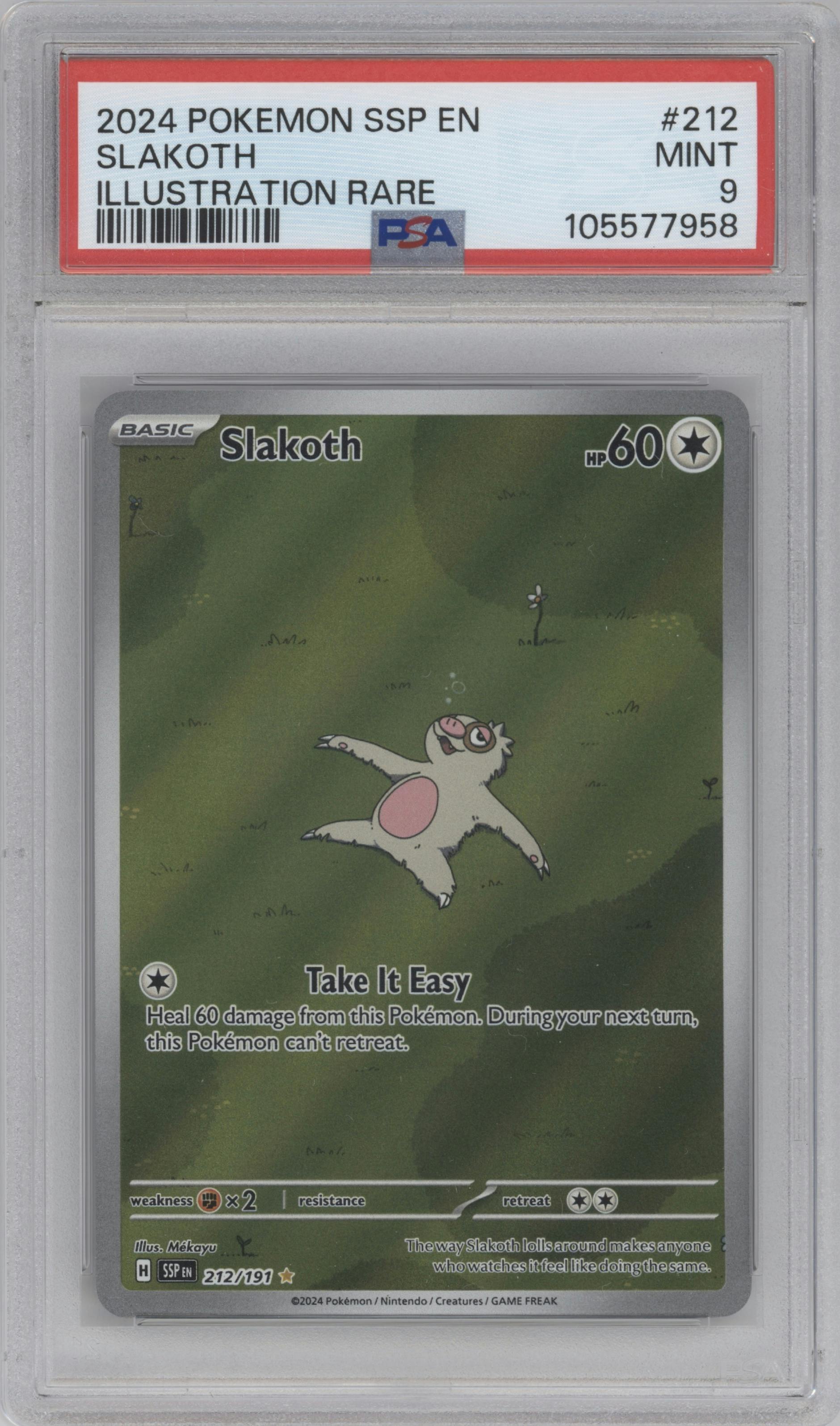 Slakoth from the 2024 Pokemon SV set graded by PSA and given an overall grade of 9.