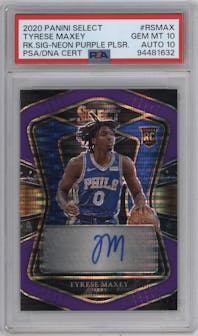Tyrese Maxey from the 2020-21 Panini Select  set featuring a Neon Purple Pulsar FOTL parallel graded by PSA and given an overall grade of 10.