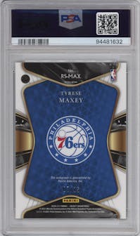 Tyrese Maxey from the 2020-21 Panini Select  set featuring a Neon Purple Pulsar FOTL parallel graded by PSA and given an overall grade of 10.