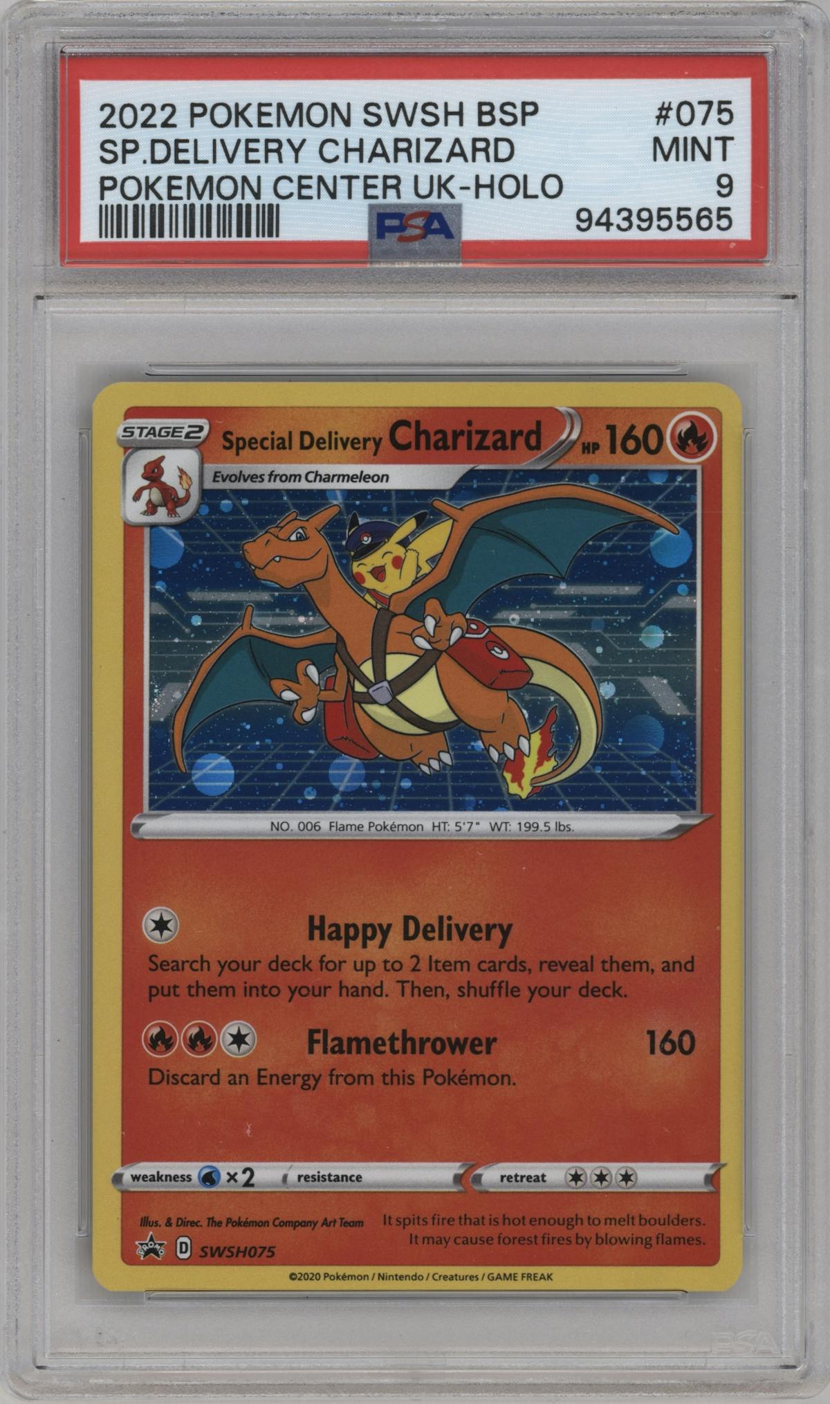 Special Delivery Charizard  from the 2022 Pokemon SWSH set featuring a Pokemon Center UK parallel graded by PSA and given an overall grade of 9.